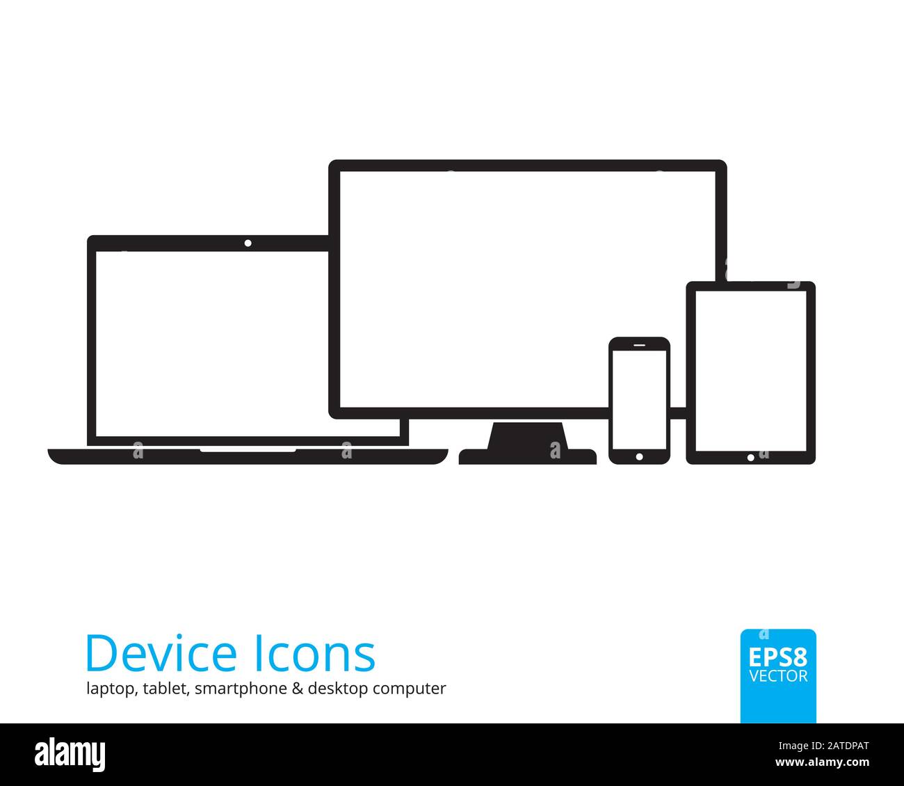 Gerätesymbole Smartphone, Tablet, Laptop und Desktop-Computer. Satz von Symbolen für flache Geräte, die auf weißem Hintergrund isoliert sind. Flache, moderne Geräte mit B. Stock Vektor