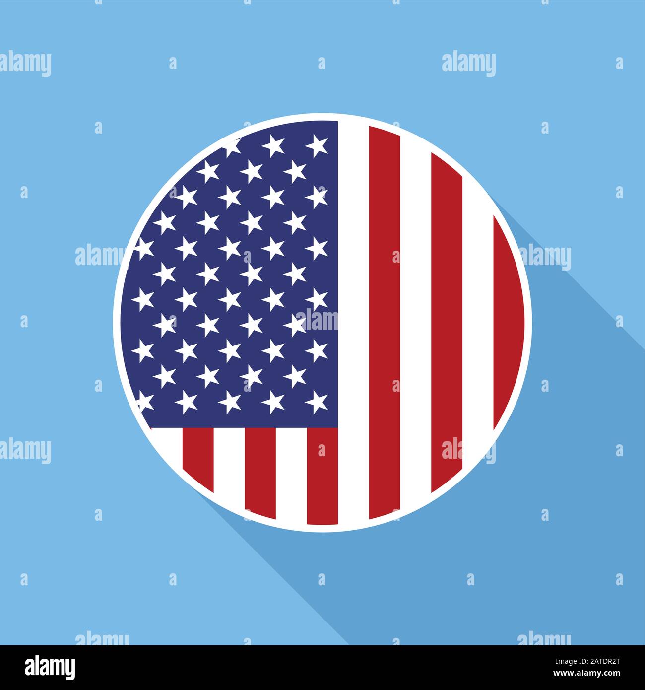 Symbol für Vektor-Ebene der Nationalflaggen in den USA. Vektorsymbol der amerikanischen Flagge, die im Kreis abgeschnitten wurde. Flaches Symbol mit sternförmig angespecktem Banner in flachem Stil mit langem sh Stock Vektor