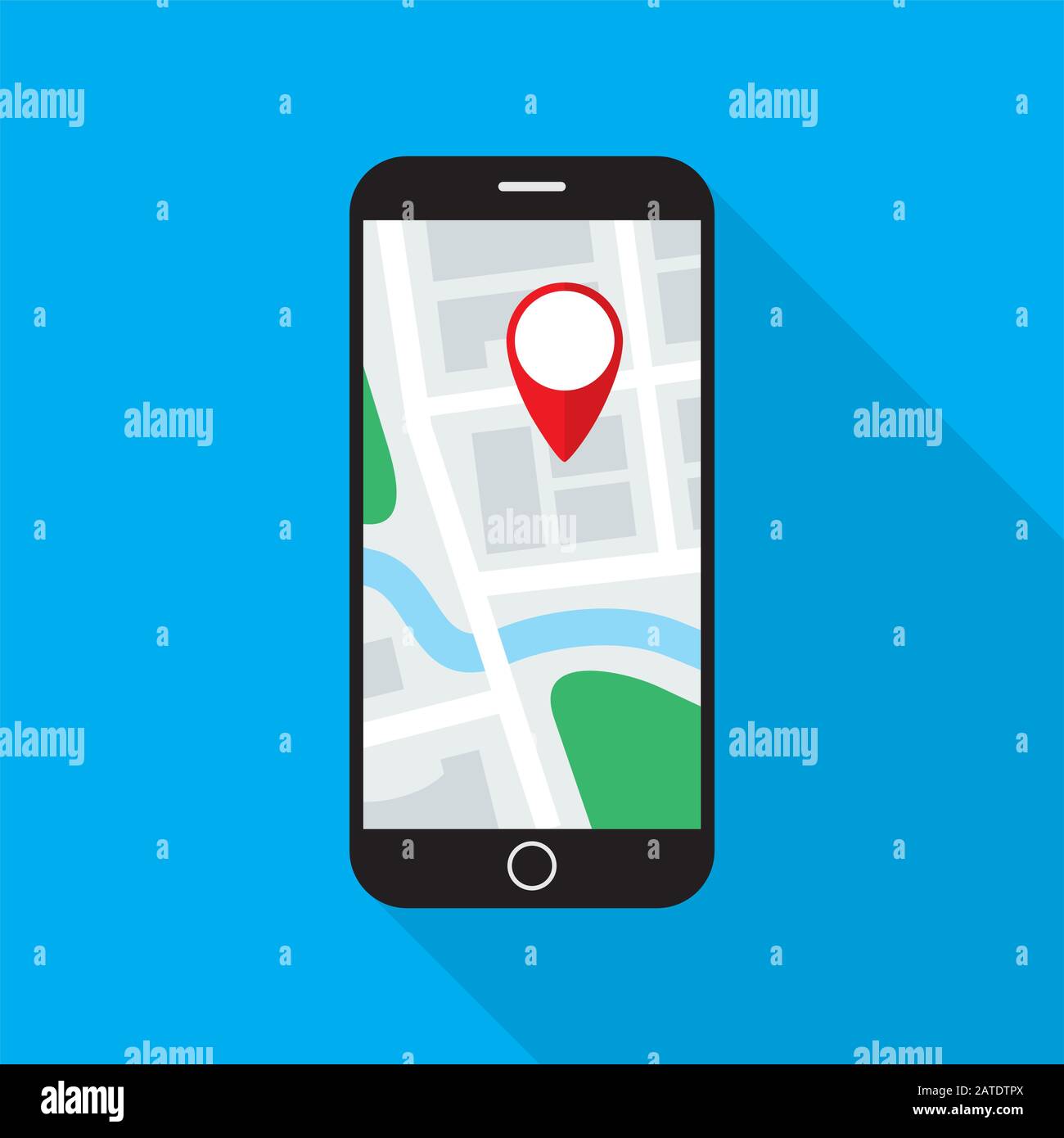 Navigationsanwendung auf dem Smartphone-Bildschirm. Karte mit GPS-Positionsmarkierung, die auf dem Handymonitor angezeigt wird. Symbol für flache Ausführung. Vektor eps8-Abbildung Stock Vektor