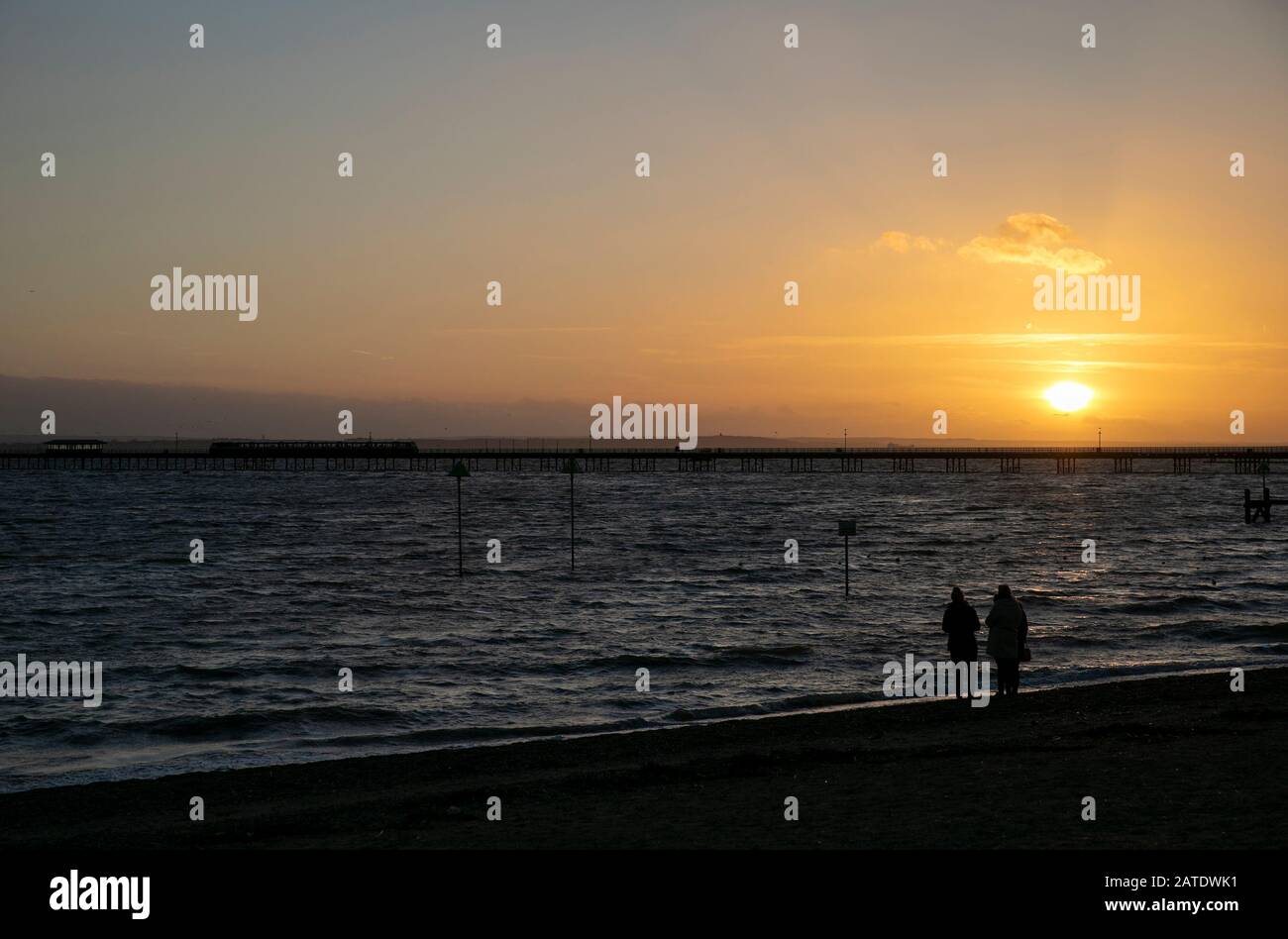Sonnenuntergang in Southend-on-Sea, Großbritannien. Stockfoto
