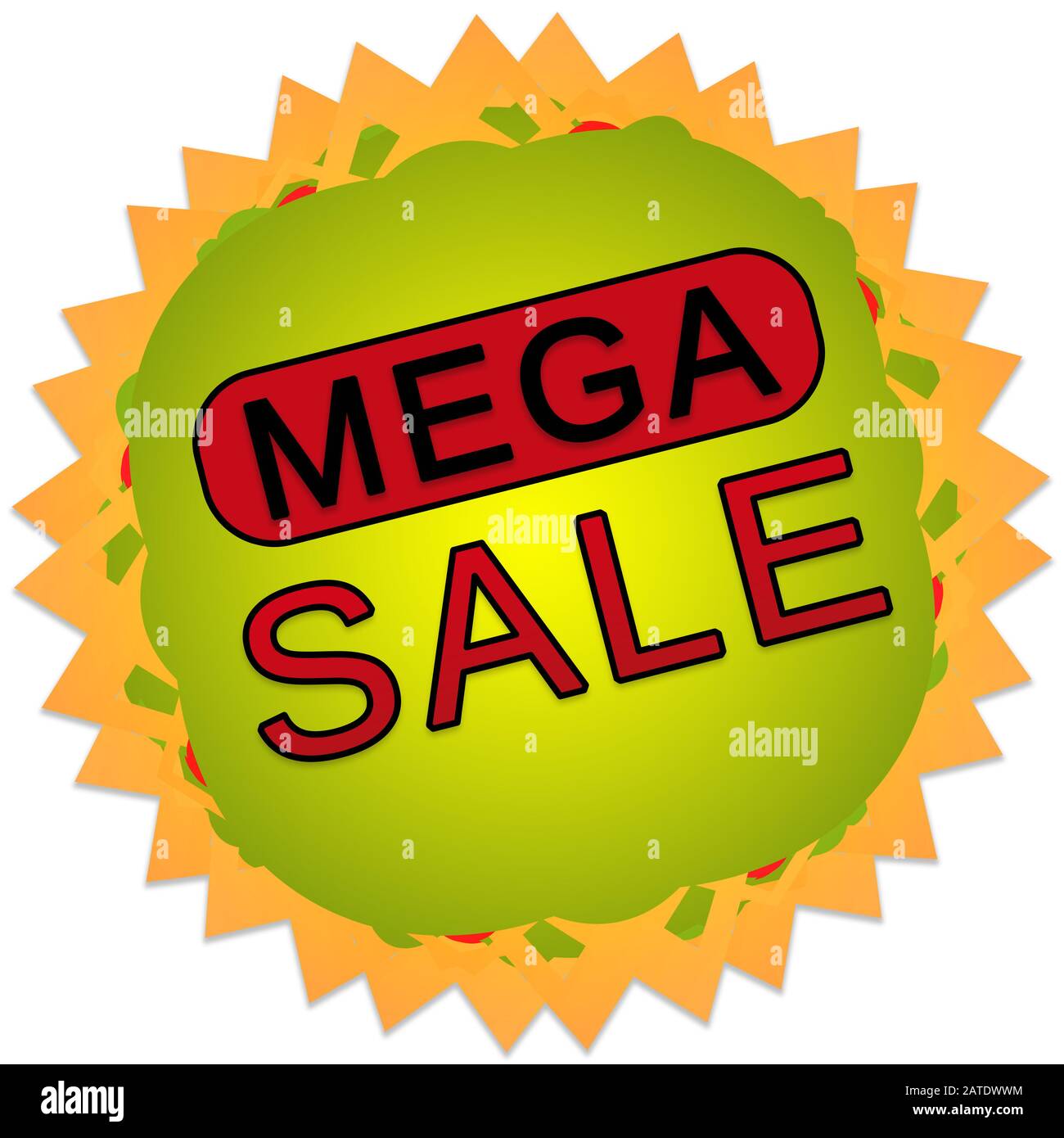 Mega-Verkaufsplakat, Stern auf weißem Hintergrund Stockfoto