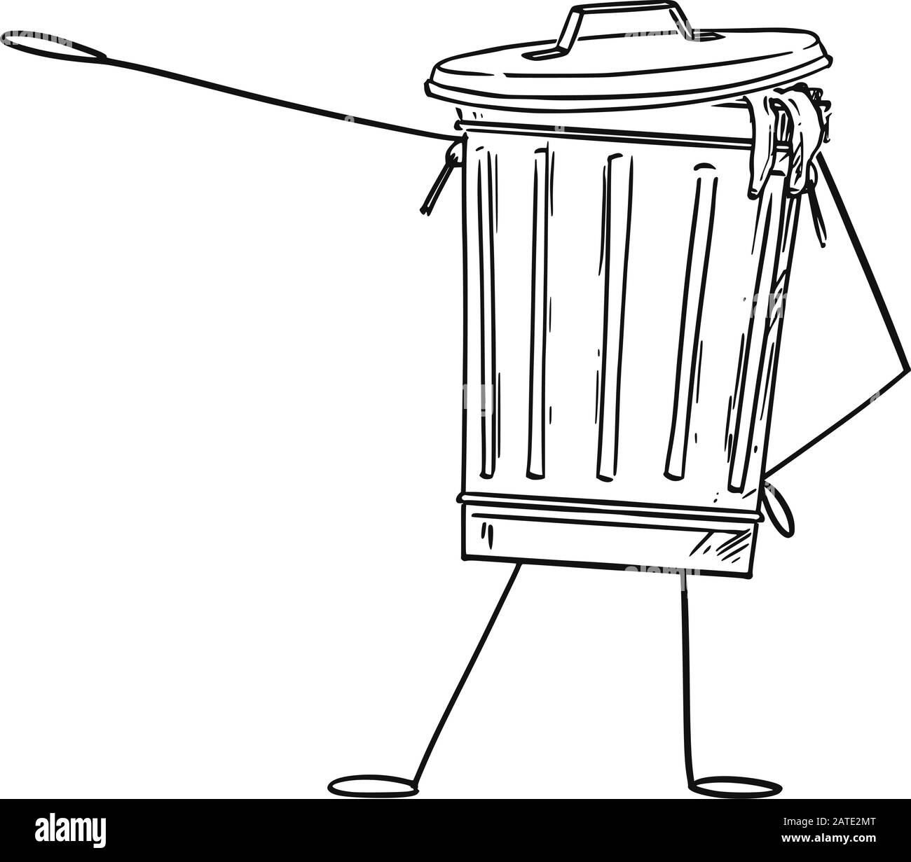 Vektorgrafiken von Cartoon-Mülleimer oder CAN-Zeichen, die etwas von Hand zeigen oder darauf zeigen. Recycling- oder Umweltwerbung oder Marketingdesign. Stock Vektor