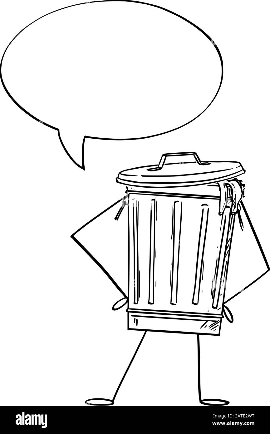 Vektordarstellung von Cartoon-Mülleimer oder CAN-Charakter mit Sprechblase. Recycling- oder Umweltwerbung oder Marketingdesign. Stock Vektor