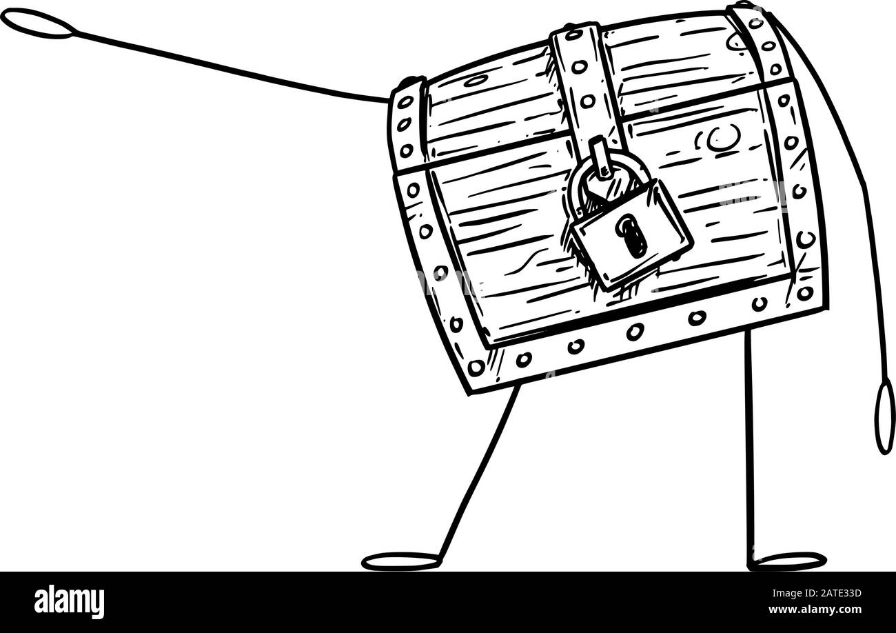 Vektorgrafiken von Cartoon Locked Treasure Pirate Chest Character zeigen oder zeigen von Hand auf etwas. Wirtschafts- oder Finanzwerbung oder Marketingdesign. Stock Vektor