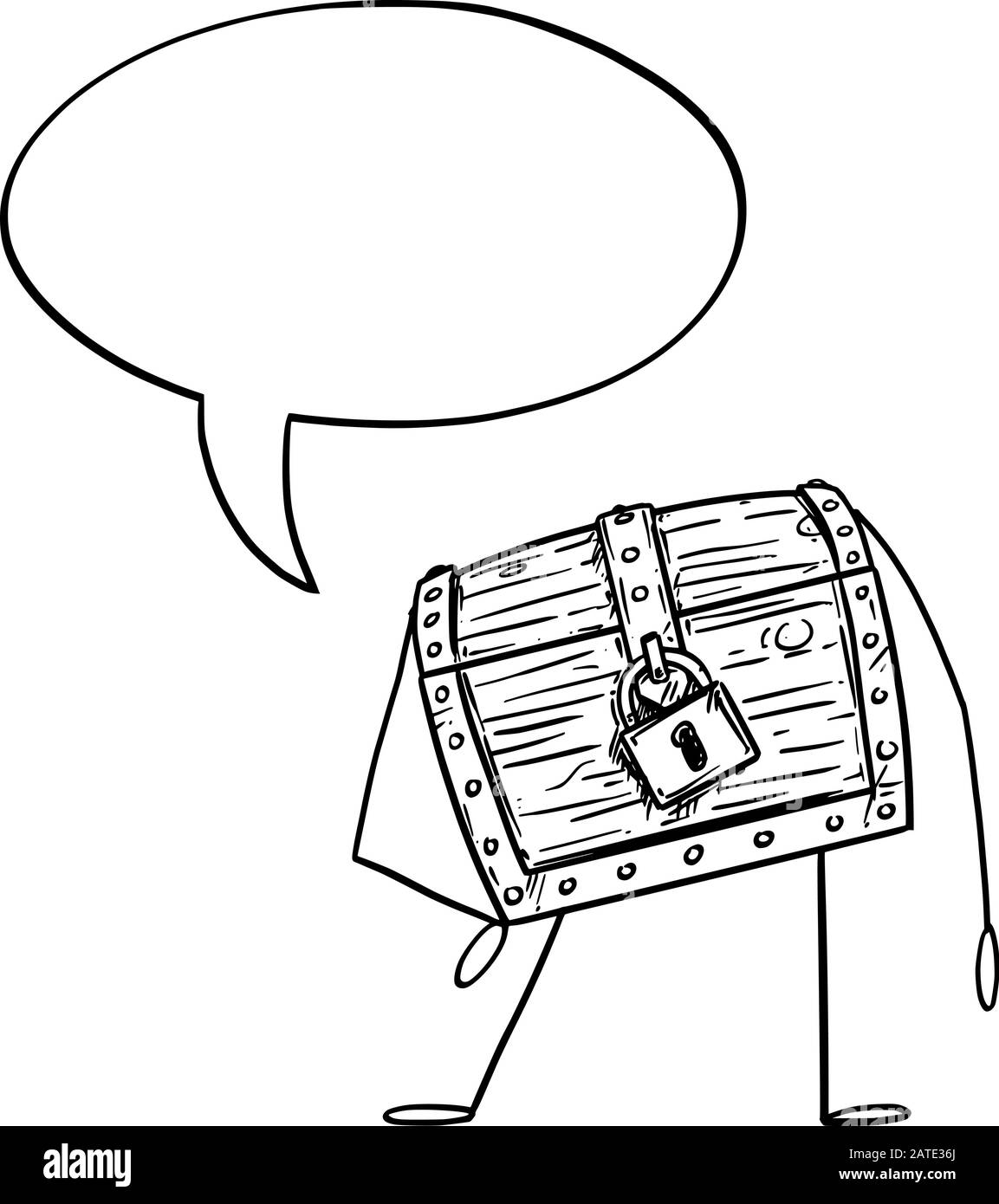 Vektorgrafiken von Cartoon Locked Treasure Pirate Chest Character mit Sprechblase. Wirtschafts- oder Finanzwerbung oder Marketingdesign. Stock Vektor
