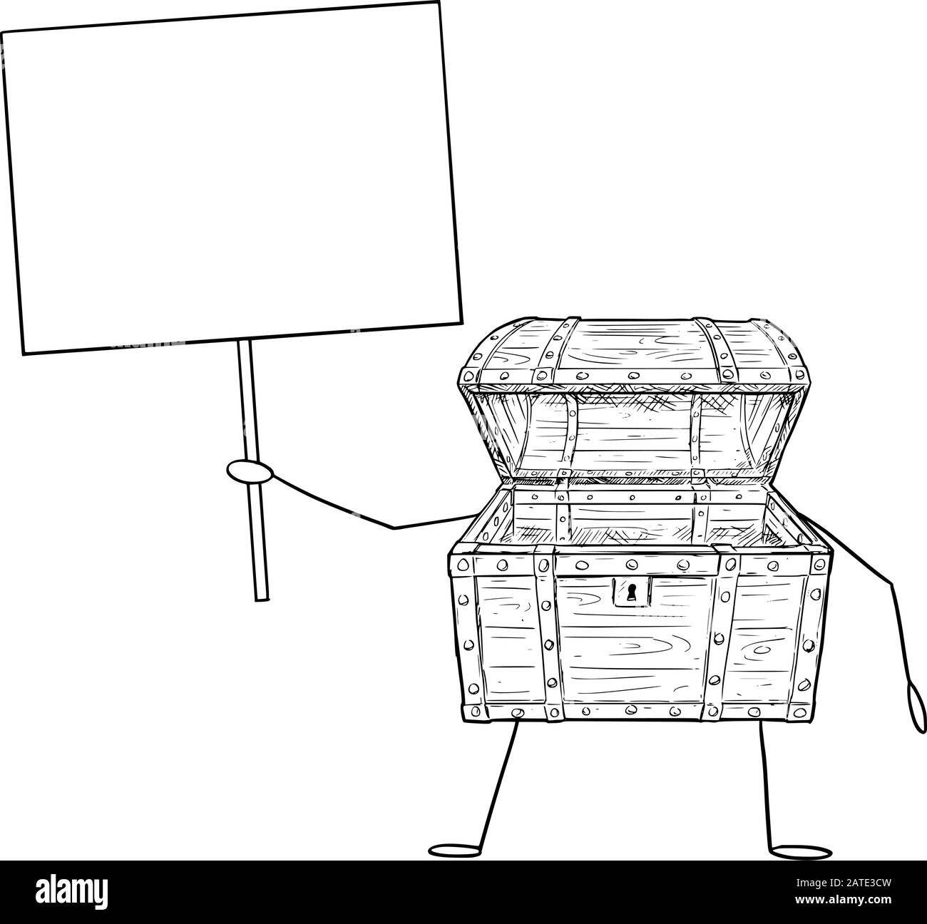 Vektorgrafiken von Cartoon-Leere Figur der Piratenkiste mit offenem Schatz, die ein leeres Schild in der Hand hält. Wirtschafts- oder Finanzwerbung oder Marketingdesign. Stock Vektor