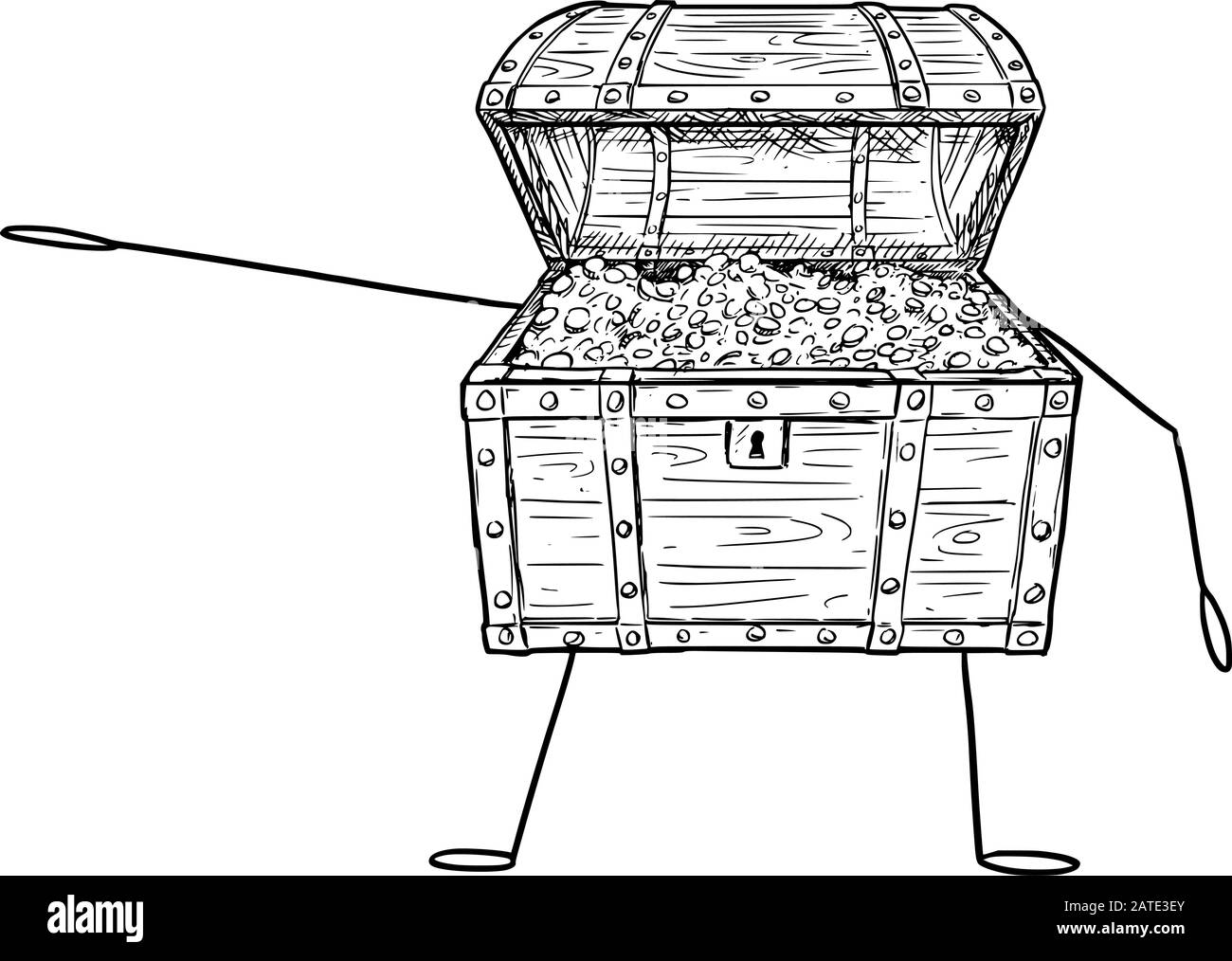 Vektorgrafiken von Cartoon-Open-Treasure Pirat Chest Character voller Goldmünzen, die etwas von Hand zeigen oder darauf zeigen. Wirtschafts- oder Finanzwerbung oder Marketingdesign. Stock Vektor