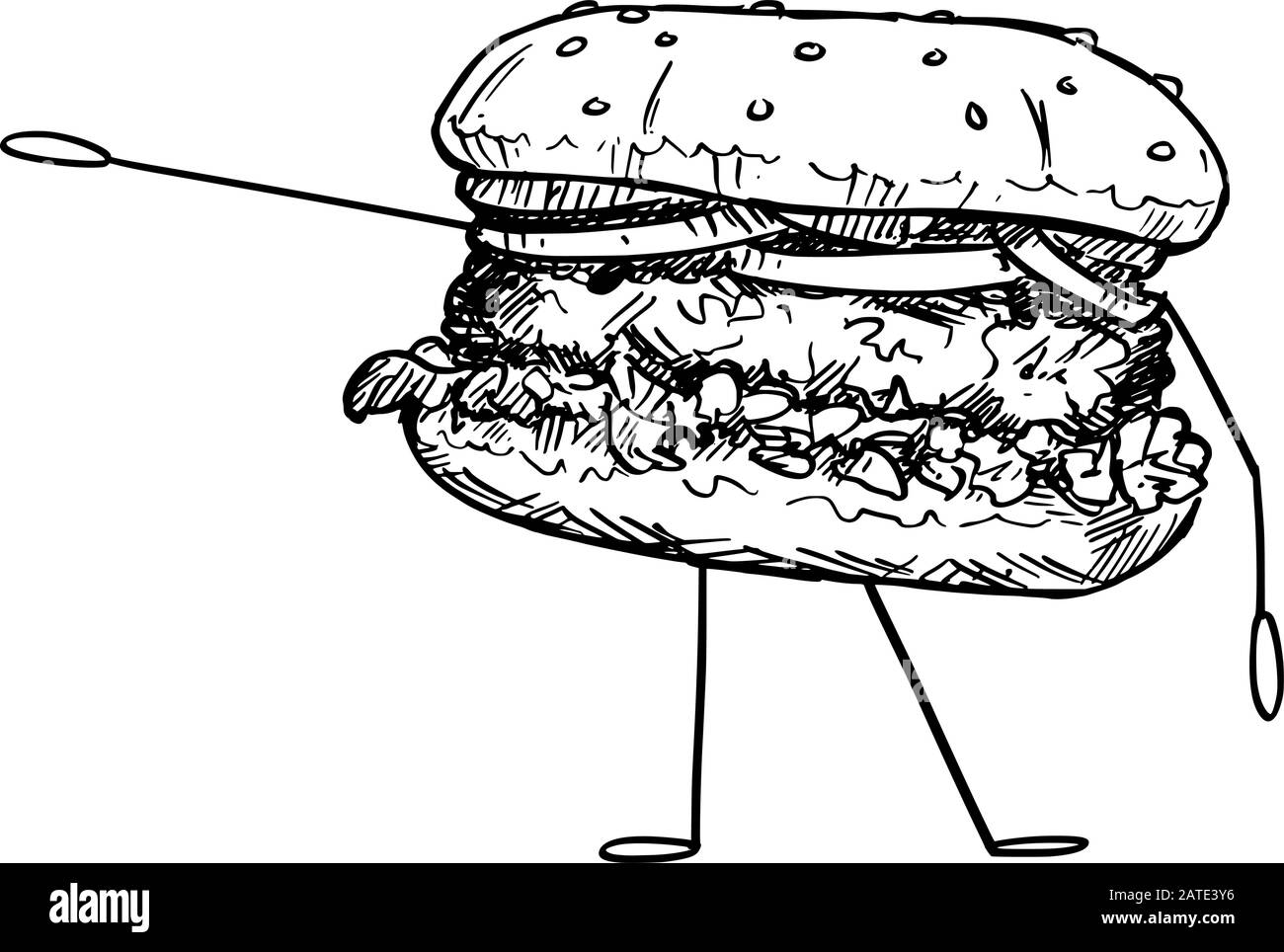 Vektorgrafiken von Cartoon-Hamburgern oder Burger-Figuren, die etwas von Hand zeigen oder darauf zeigen. Gesunder Lebensstil und Werbung für Junk- oder Fast-Food-Werbung oder Marketingdesign. Stock Vektor