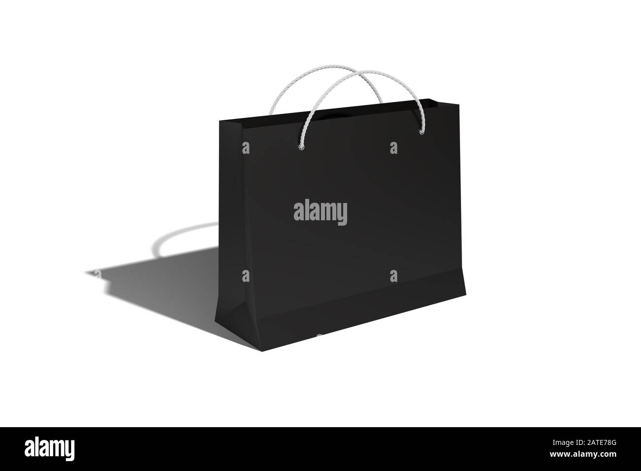 Eine Papiertüte aus Pappe zum Einkaufen für Karotten in einem Discounter und zum Verkauf in Schwarz wirft einen Schatten auf ein weißes Isolat. Fotorealistische 3D ren Stockfoto