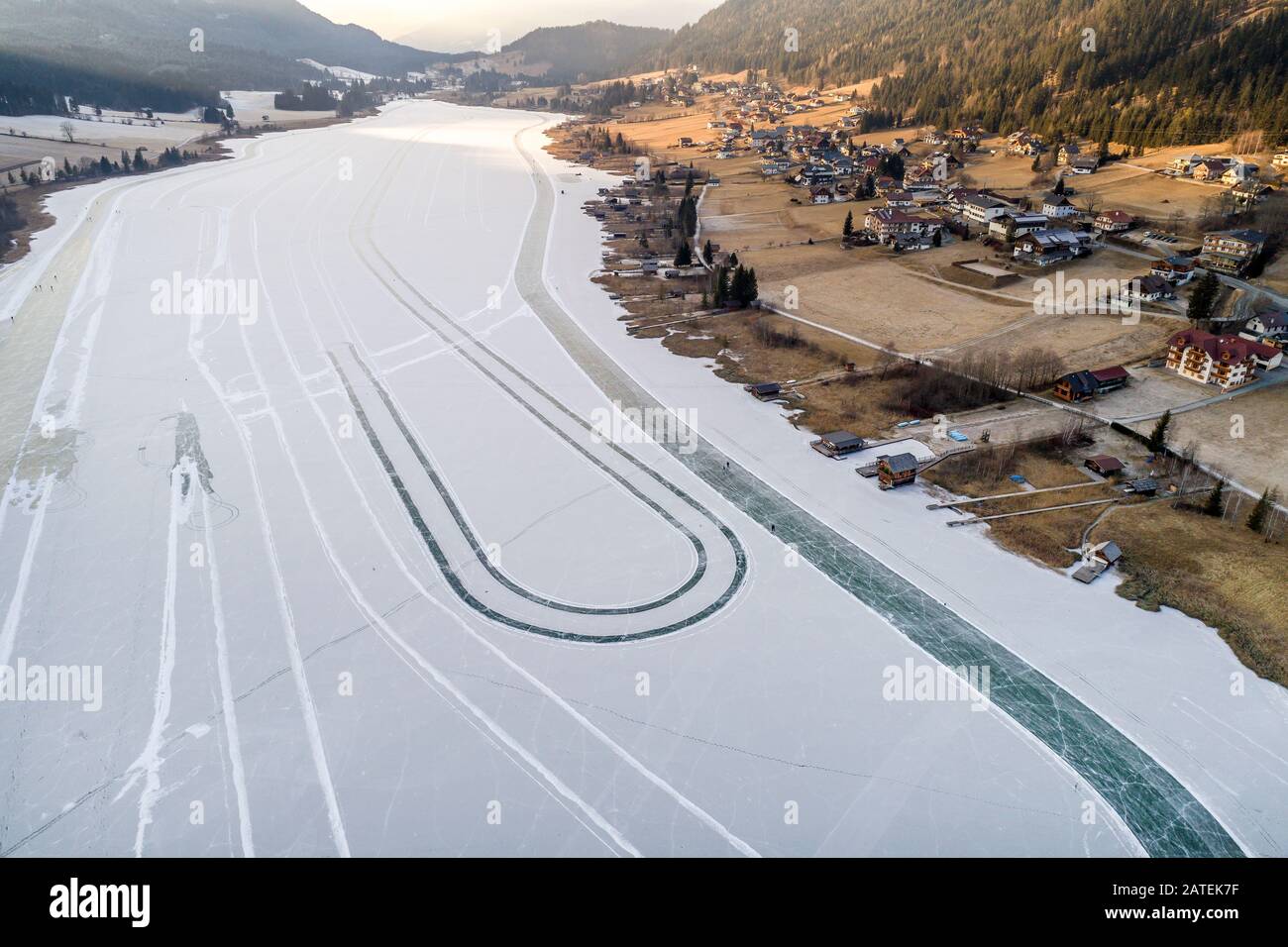 Luftbild aus Weißensee, Carinth, Österreich Stockfoto
