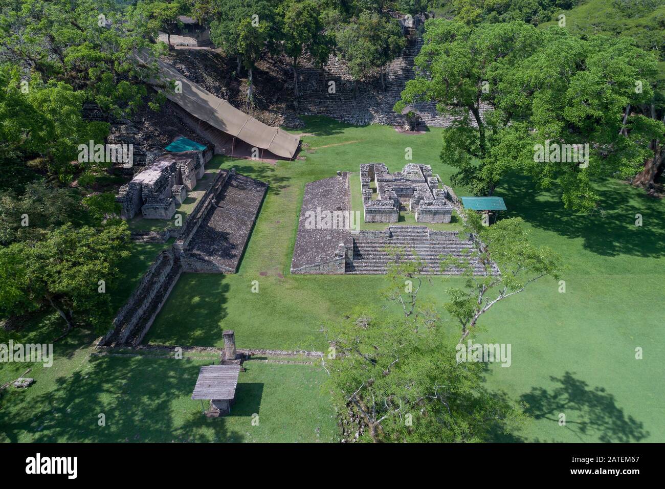 Luftaufnahme der Ausgrabung von den Maya-Copan-Ruinen, Honduras Copan Ruinas, Honduras Stockfoto