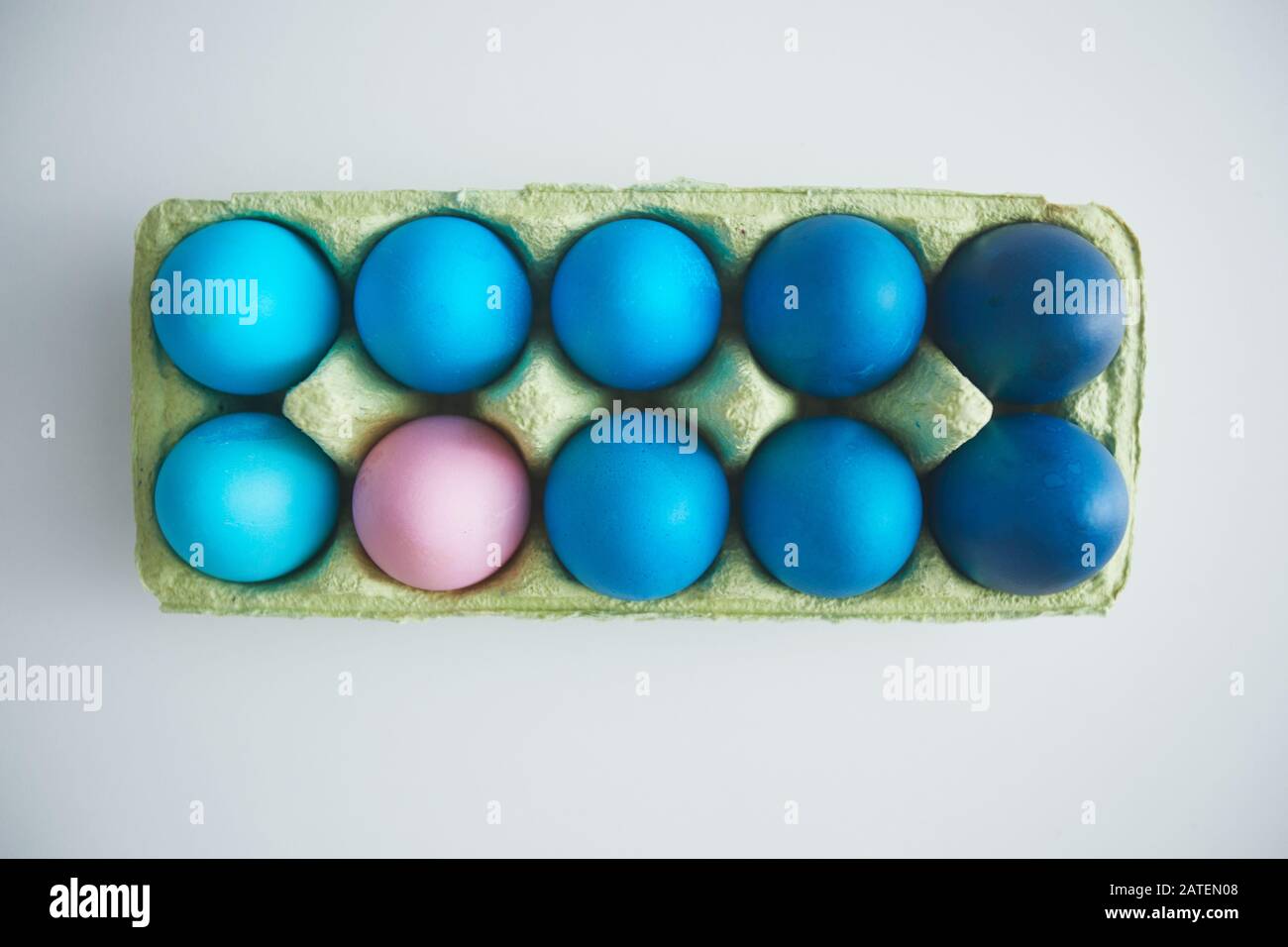 Über dem Blick auf blaue Ostereier in Kiste mit pastellrosa Akzent in minimaler Zusammensetzung auf weißem Hintergrund, Kopierraum Stockfoto