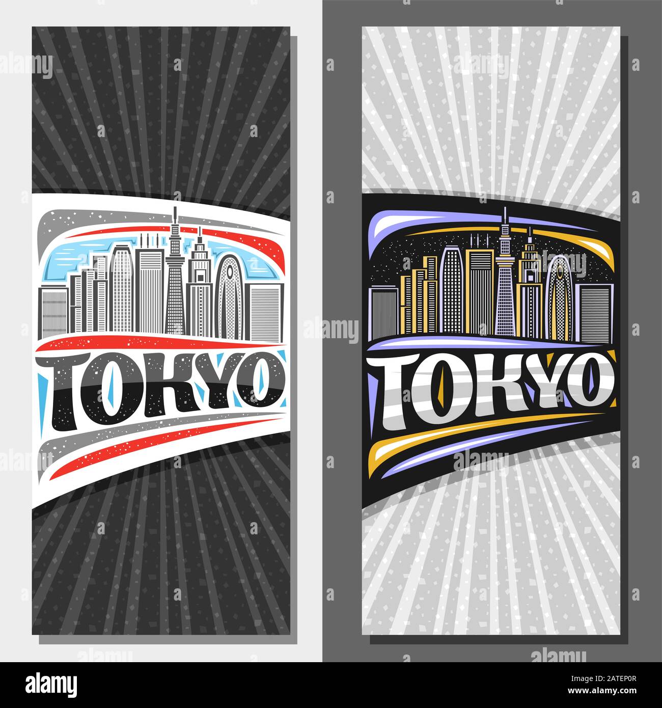 Vektor vertikale Layouts für Tokio, dekoratives Flugblatt mit Liniendarstellung des zeitgenössischen tokioter Stadtbildes am Tag- und Dämmerungshimmel, touri Stock Vektor