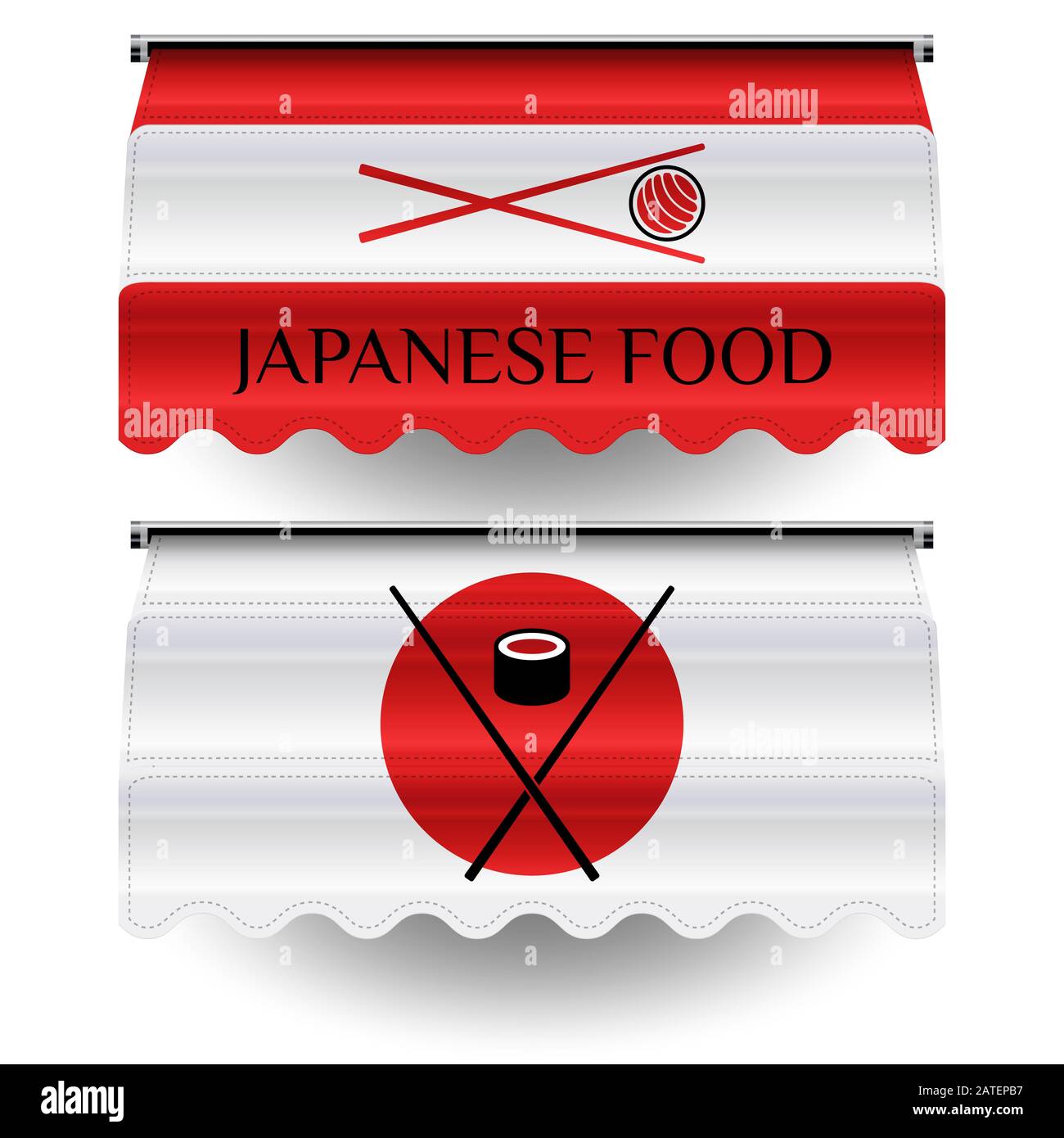 Japanische Markise für Lebensmittel. Markt-, Café- oder Restaurantdessing-Element. Emblem mit gekreuzten Essstäbchen und Sushi-Rollen. Stockfoto