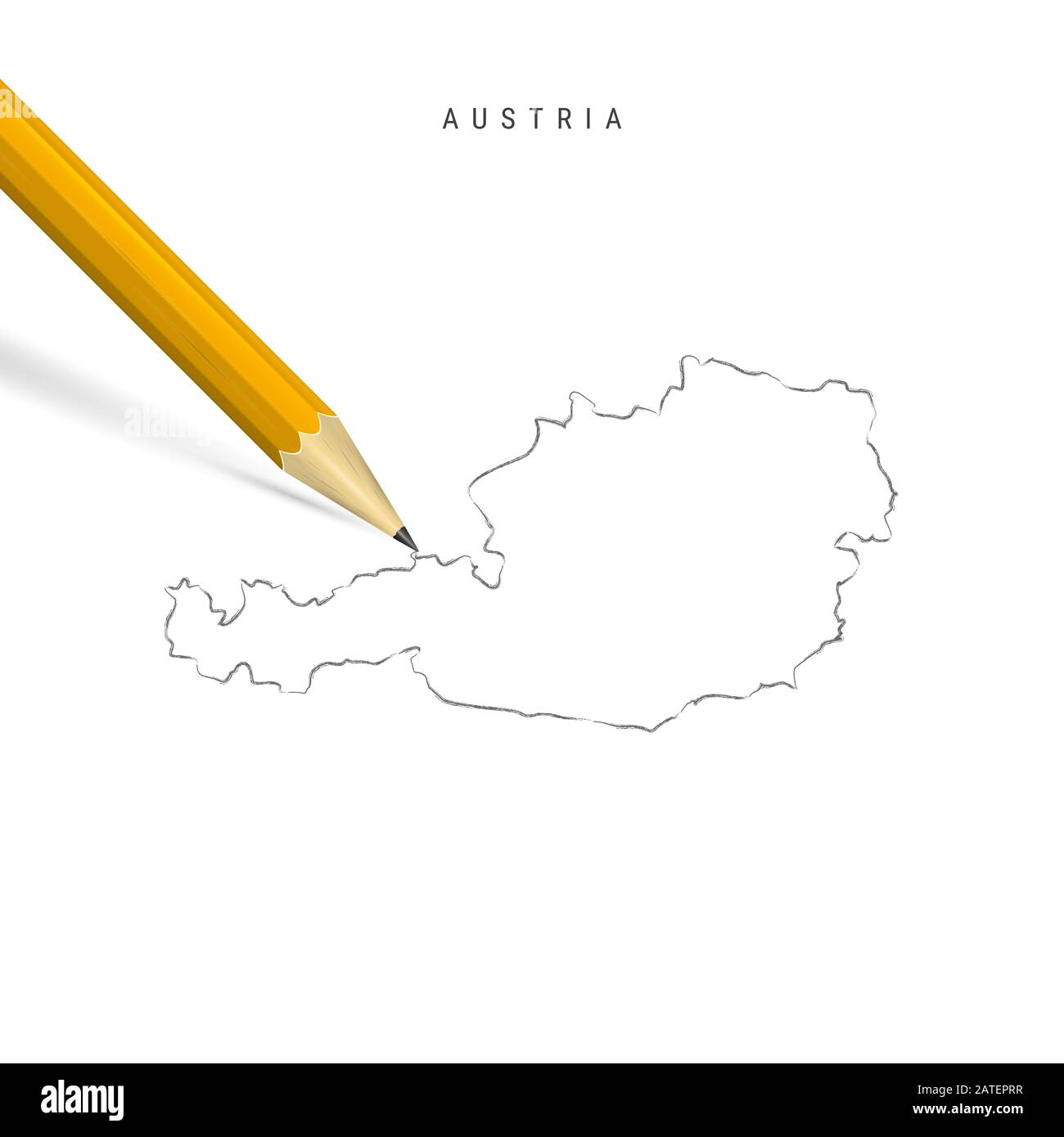 Skizzenkontur für Österreich isoliert auf weißem Hintergrund. Leere handgezeichnete Karte von Österreich. Realistischer 3D-Bleistift mit weichem Schatten. Stockfoto