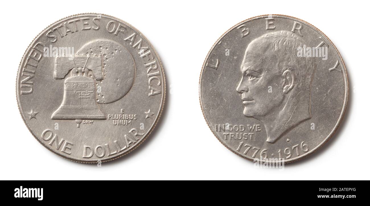 Vorder- und Rückseite einer Ein-Dollar-Münze der Vereinigten Staaten, isoliert auf Weiß. Dieser wird auch Eisenhower-Dollar genannt. Stockfoto
