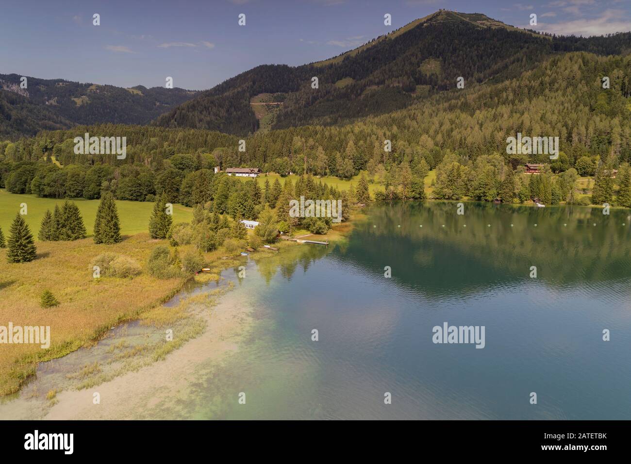 Luftbild vom Erlaufsee, Maria Zell, Österreich Stockfoto