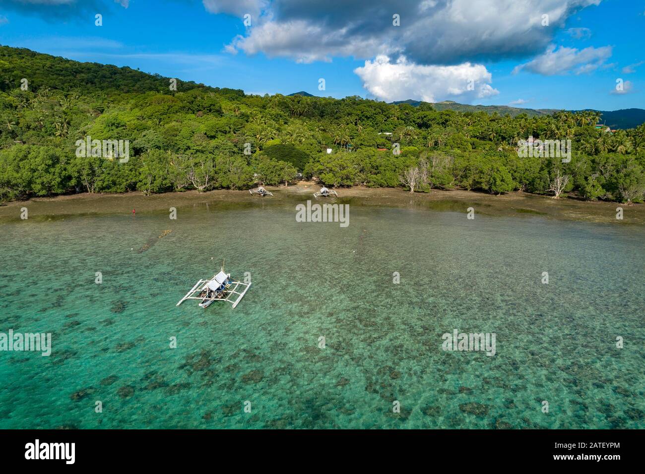 Luftaufnahme des Outrigger canos mit Mangrovenwald, Insel Romblon, Philippinen, philippinische See, Pazifik Stockfoto