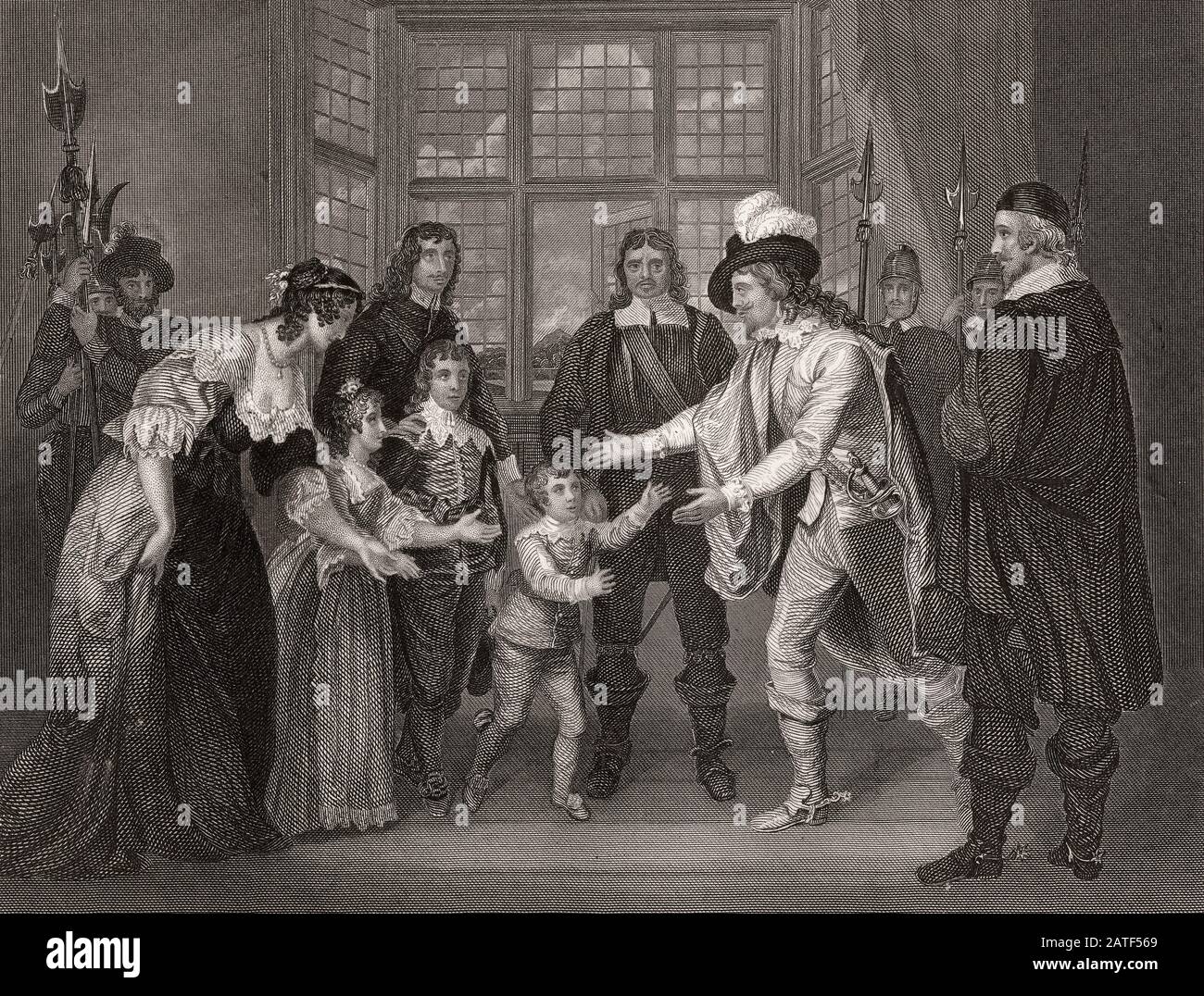 Dem gefangenen König Karl I. ist ein Besuch seiner Familie in Anwesenheit von Oliver Cromwell, 1649, gestattet Stockfoto