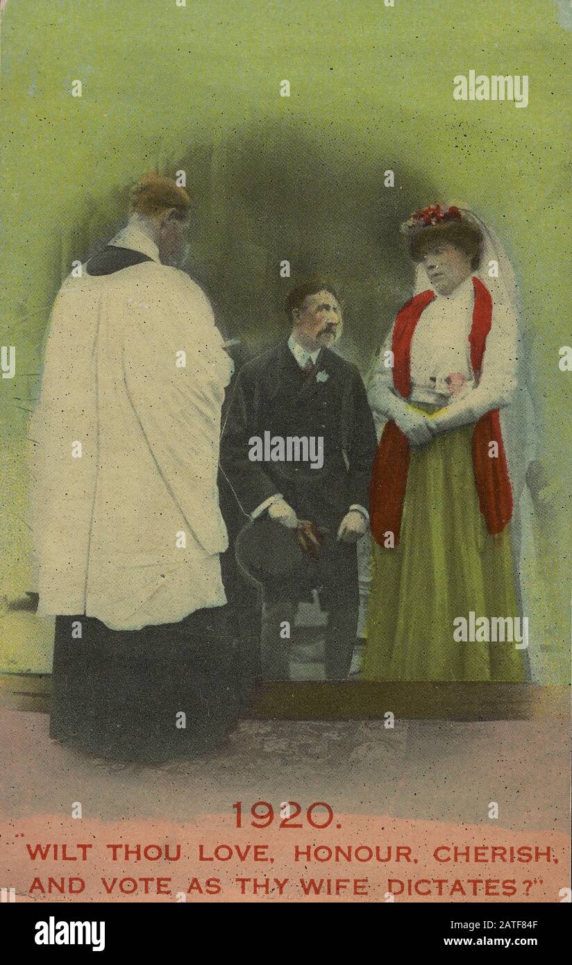 1920 - Wilt Thou Love, Honor, Cherish und Votum, wie Deine Frau Diktiert - - Frauenwahlrecht in den Vereinigten Staaten von 1920' - Anti-Suffragette-Propaganda Stockfoto