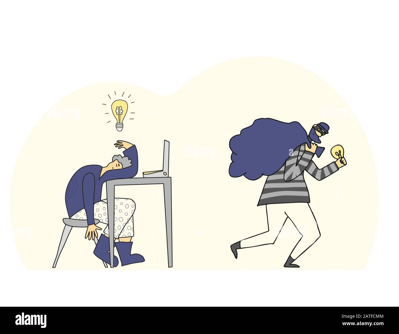 Plagiatskonzept. Ein Müde Mann, Der Eine Idee Erschaffen Hat, Und Ein  Pirat, Der Seine Arbeit Stiehlt. Dieb In Der Maske, Der Mit Einer Glühbirne  Und Einem Beutel Mit Gebeuteltem Intellektuellen Wegläuft  Stock-Vektorgrafik -