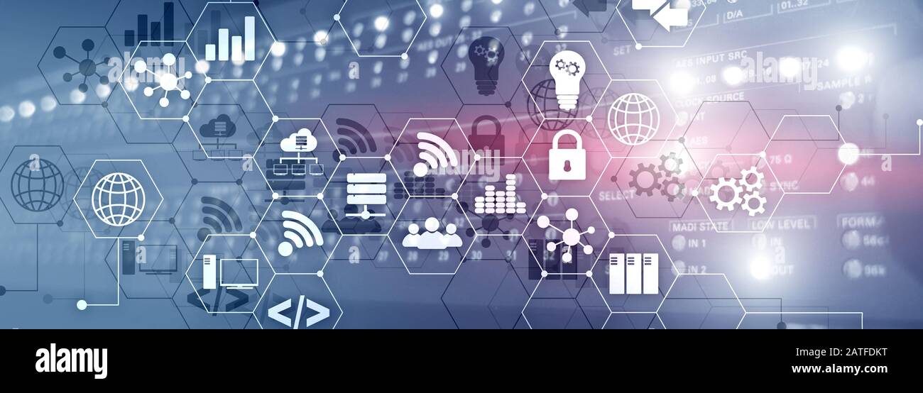 Branchenkonzept. Technologiesymbole im Serverraum. Webseiten-Banner Stockfoto