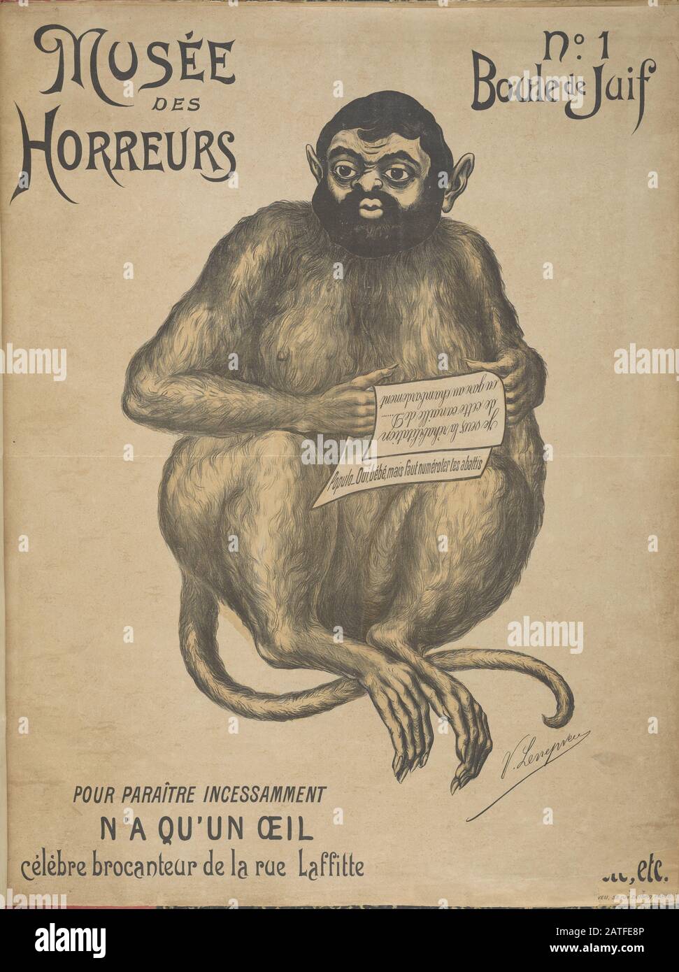 Musée des Horreurs - Nr. 1. Boule de Juif - 1899 - Lenepveu, V. - Karikatur von Joseph Reinach (1856-1921) als Affe. Reinach, ein Jude, war Publizist, Anwalt und einer der meistgesprochenen Anhänger Dreyfus. Er war Autor der Histoire de l'affaire Dreyfus, einem siebenbändigen Werk, das zwischen 1901 und 1911 veröffentlicht wurde. Hand farbig. Stockfoto