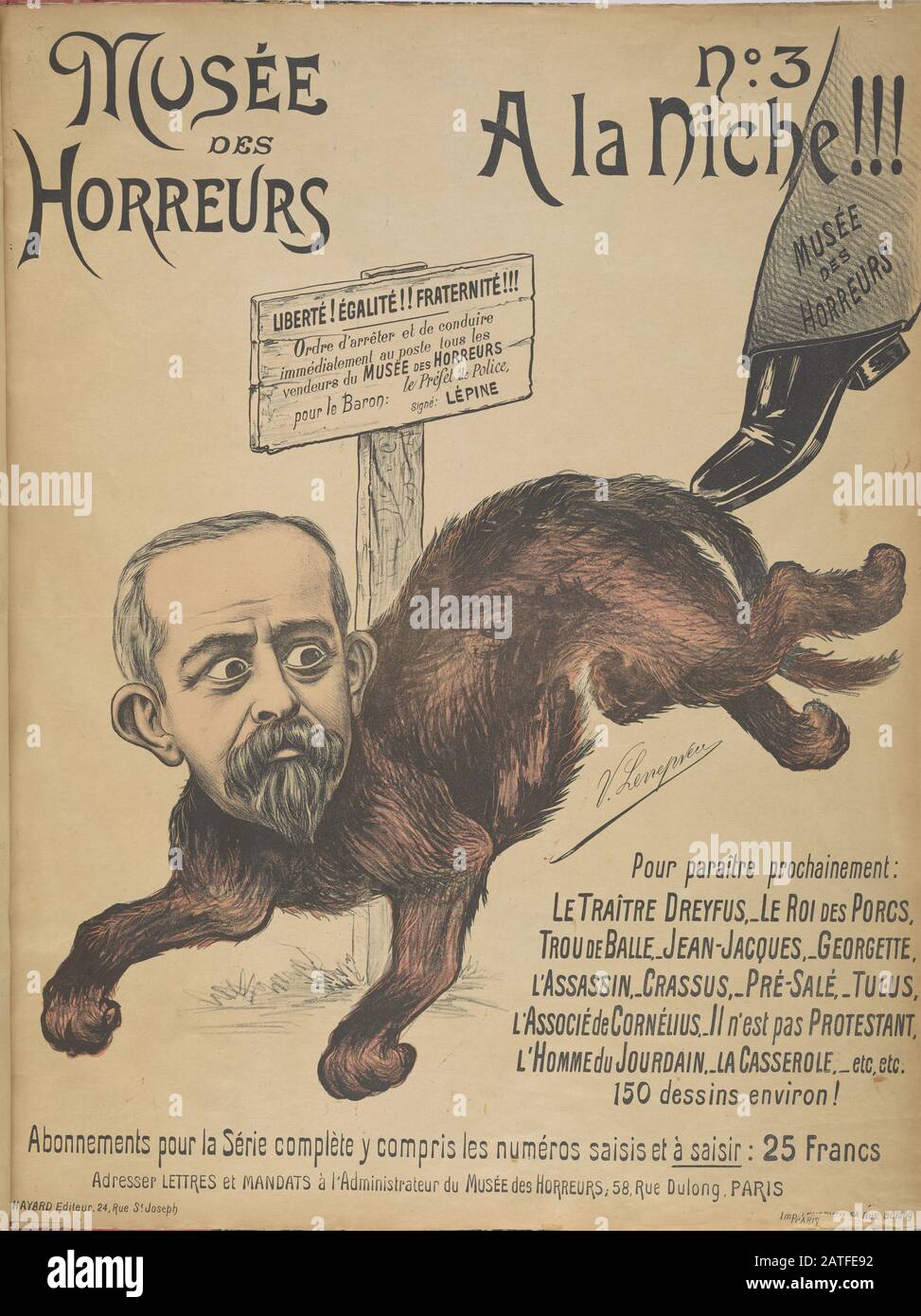 Musée des Horreurs - Nr. 3 A la Nische!!! - 1899 - Lenepveu, V. - Karikatur von Louis Lépine (1846-1933) als gestickter Hund. Lépine war während der Dreyfus-Affäre Präfekt der Polizei. Hand farbig. Stockfoto