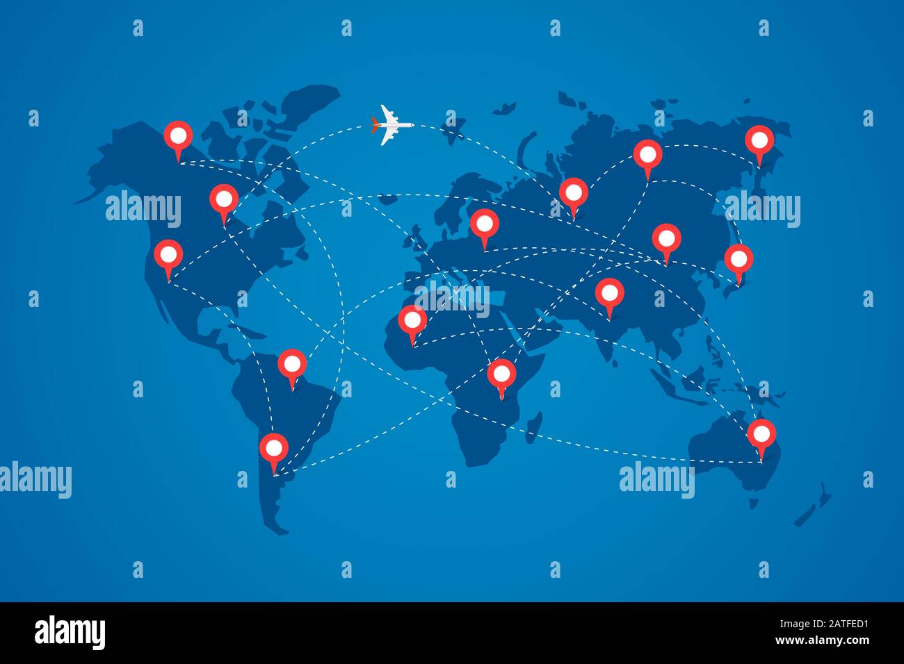 Weltkarte mit Zielmarkierungsstiften und Flugreiserouten. Draufsicht Flugzeug mit Flugwegen zwischen Kontinenten Vektor blau eps-Abbildung Stock Vektor
