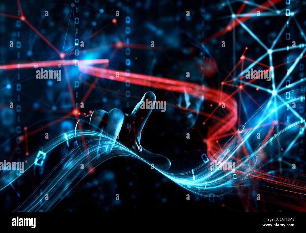 Konzept der Sicherheit mit Hacker in einer dunklen Umgebung mit digitalen und Netzwerkeffekte Stockfoto