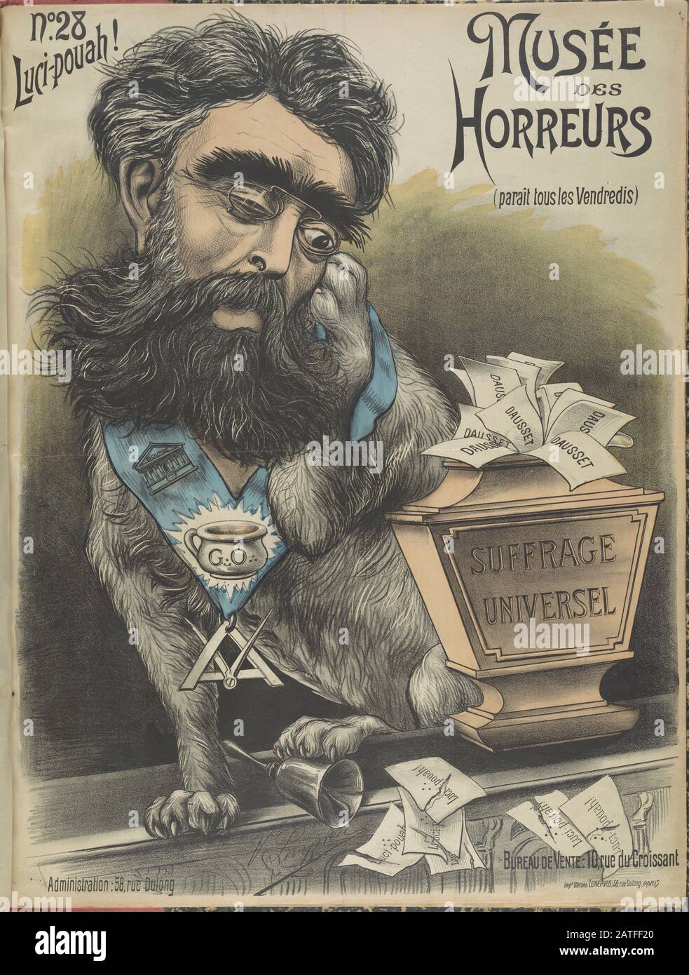 Musée des Horreurs - Nr. 28 Luci-pouah!! - 1899 - Lenepveu, V. - Karikatur von Louis-Adrien Lucipia (1843-1904/05) als Hund, der sich kratzt und eine Stola mit Freimaurer-Emblemen trägt. Lucipia war Journalist, Freimaurer und Mitglied der Legue of the Rights of Man, die anlässlich der Dreyfus-Affäre gegründet wurde, um dem Antisemitismus entgegenzutreten. Hand farbig. Stockfoto