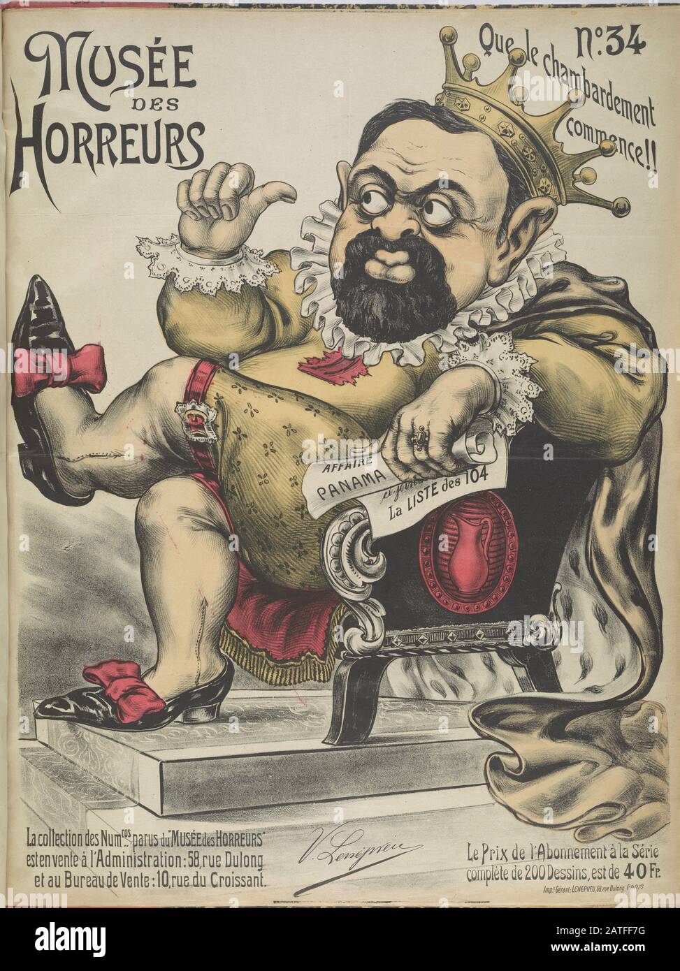 Musée des Horreurs - Nr. 34 Que le chambardement chambardement changet!! - 1899 - Lenepveu, V. - Karikatur von Joseph Reinach (1856-1921) als König auf einem Thron. Reinach, ein Jude, war Publizist, Anwalt und einer der meistgesprochenen Anhänger Dreyfus. Er war Autor der Histoire de l'affaire Dreyfus, einem siebenbändigen Werk, das zwischen 1901 und 1911 veröffentlicht wurde. Hand farbig. Stockfoto