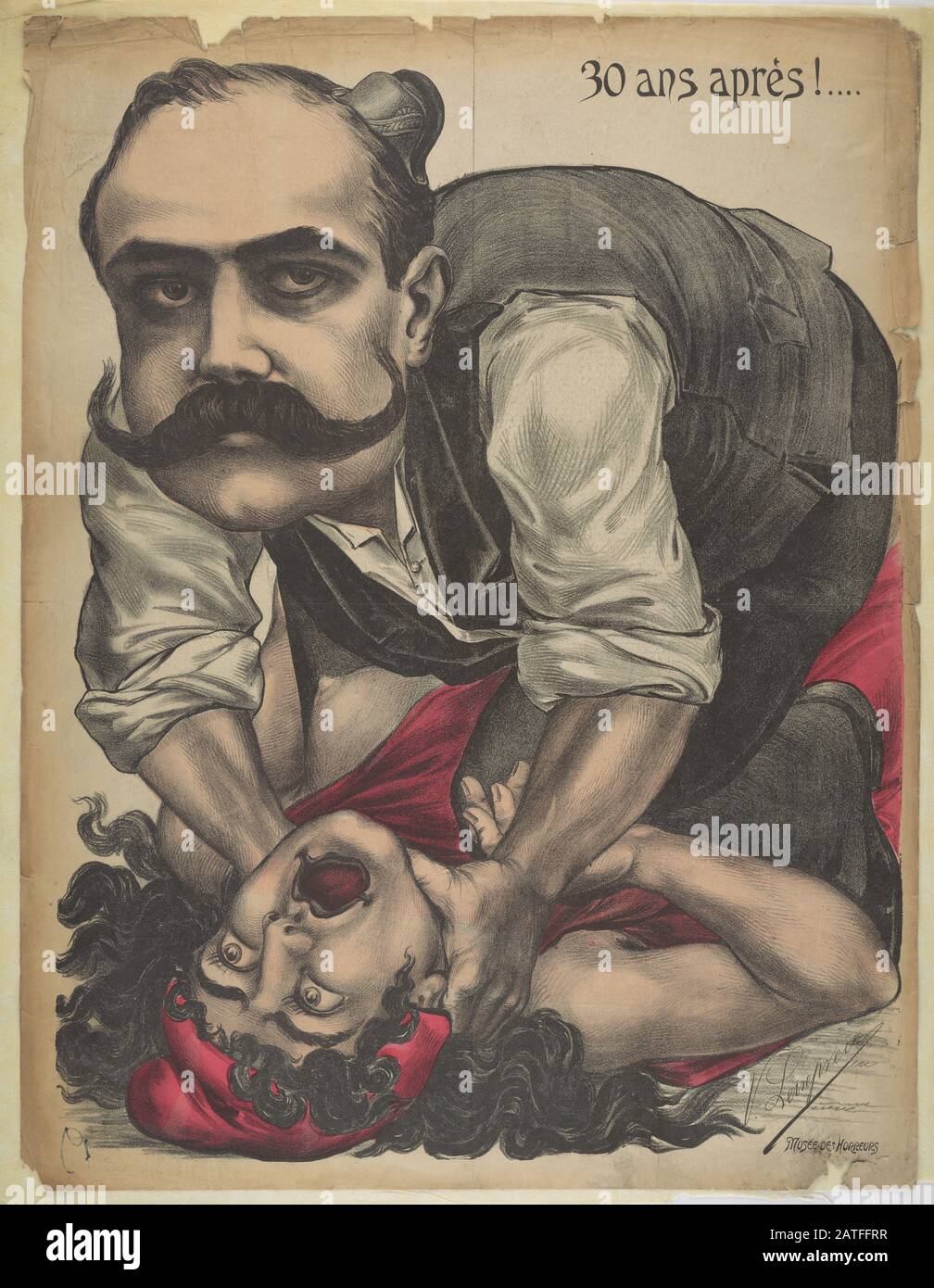 Musée des Horreurs - 30 ans après!... - 1899 - Lenepveu, V. - Karikatur von Alfred Dreyfus (1859-1936) strangulierende Mariannes, die Personifikation Frankreichs. Dies ist eine nicht nummerierte Karikatur in der Serie Musée des Horreurs. Hand farbig. Stockfoto