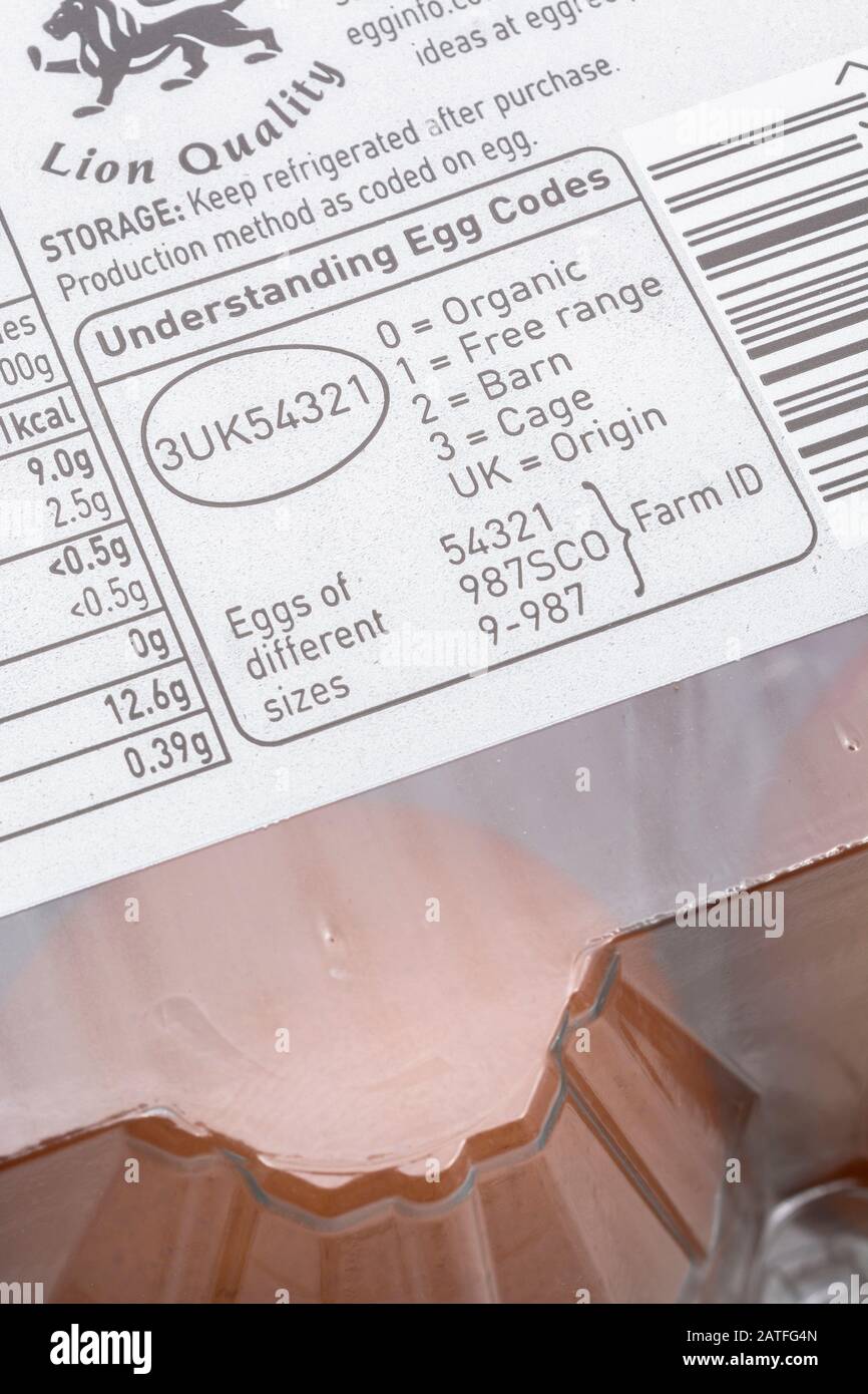 Lebensmitteletikett auf Eikiste von ASDA mit Erläuterung der UK Egg Codes. Lebensmittelverpackungen aus Kunststoff, Lebensmitteletiketten, Lebensmittelkennzeichnung, Qualitätslogo von British Lion. Stockfoto