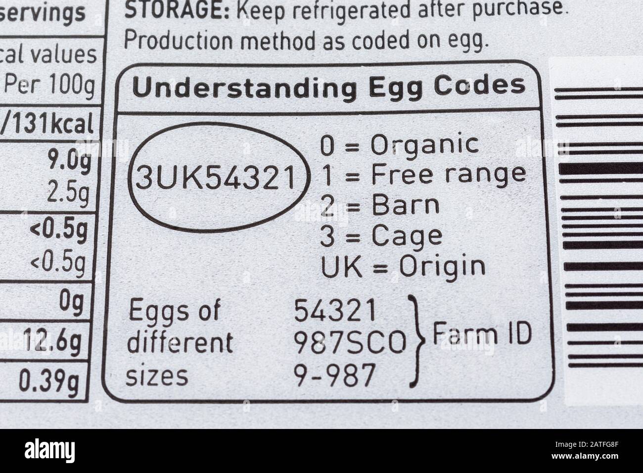 Lebensmitteletikett auf Eikiste von ASDA mit Erläuterung der UK Egg Codes. Lebensmittelverpackungen, Ernährungsetiketten, Lebensmittelkennzeichnung, britische Produkte, Lebensmittel Stockfoto