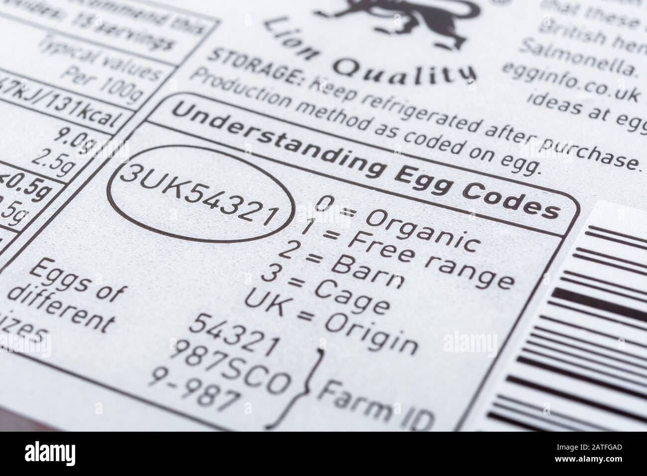 Lebensmitteletikett auf Eikiste von ASDA mit Erläuterung der UK Egg Codes. Flaches DoF-Makro - siehe zusätzliche Hinweise. Lebensmittelverpackungen, Ernährungsetiketten. Stockfoto