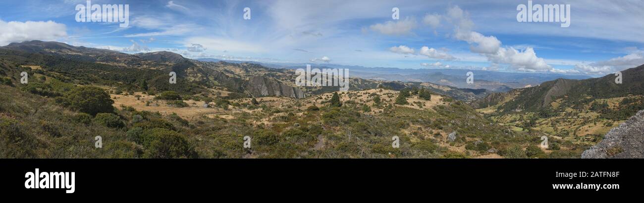 Panorama auf die Höhe Páramo de Oceta Trek über Monguí, Boyaca, Kolumbien Stockfoto