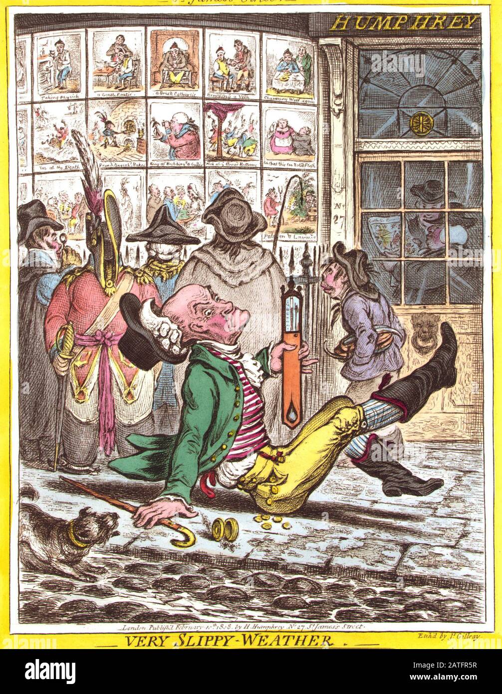 Very Slippy-Weather (1808) von James Gillray. Cartoon zeigt einen älteren Mann, der auf dem Bürgersteig vor Humphreys Druckanstalt in der St. James's Street, London, gerutscht und gestürzt ist. Er hält ein Thermometer, das er aufrecht hält, hinter ihm befinden sich fünf Personen, die von Humphrey gedruckte Karikaturen betrachten, die in den Schaufenstern ausgestellt sind Stockfoto
