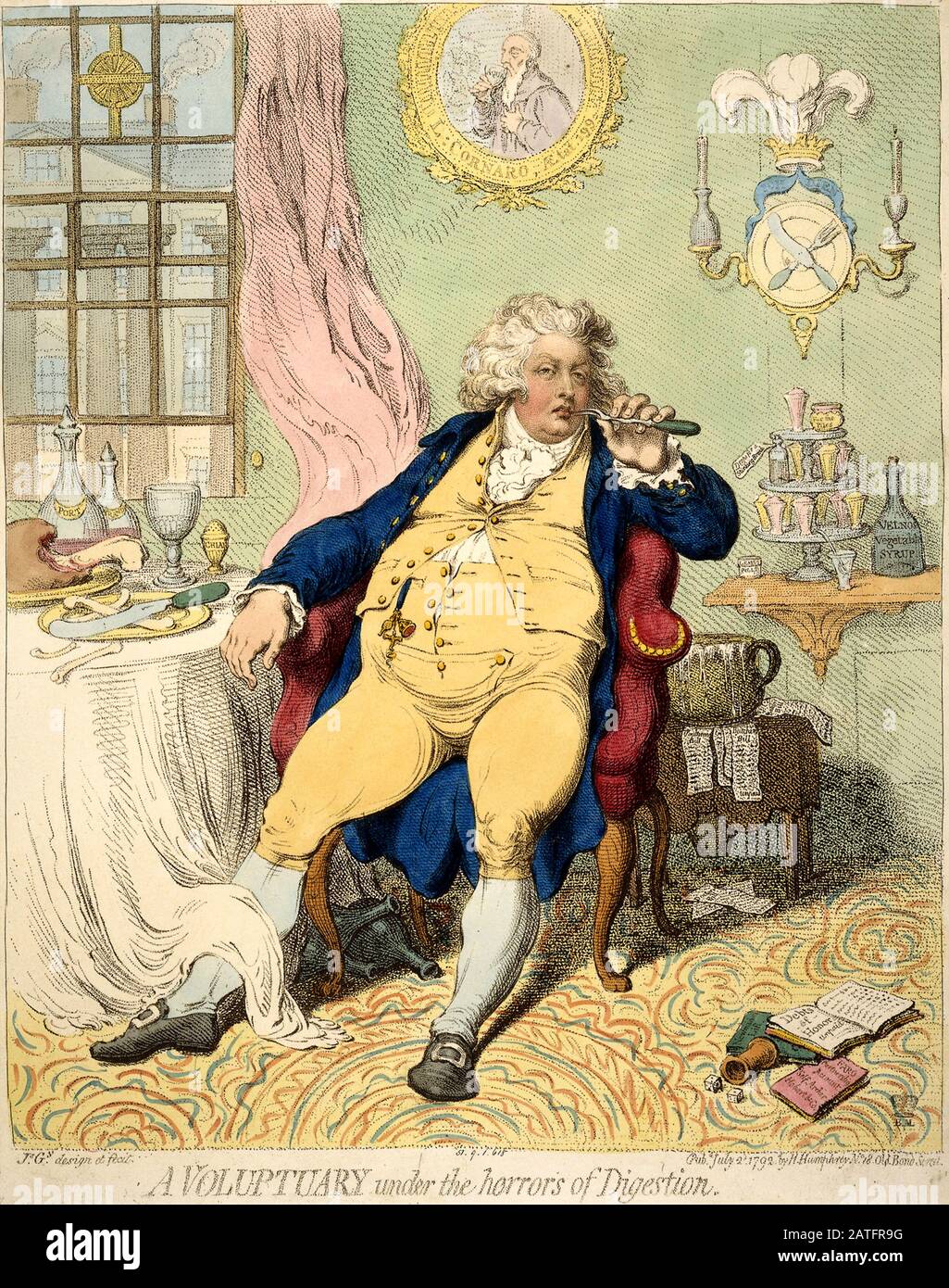 'A Voluptuary Under The Horrors of Verdauung': 1792er Karikatur von James Gillray aus Georgs Zeit als Prince of Wales. Karikatur von George IV als Prince of Wales, mit Erschöpfung geschmachtet, in einem Armstuhl zurückgelehnt, an einem Tisch, der mit Resten einer Mahlzeit bedeckt ist und eine Gabel an seinem Mund hält. Seine Weste wird mit einem einzigen Knopf über seinen distandeten Bauch zusammengehalten. Im Hintergrund ist das drei Straußenfedern-Emblem des Prince of Wales über einem Messer und einer auf einer Platte gekreuzten Gabel (anstelle eines Wappens) abgebildet. Stockfoto
