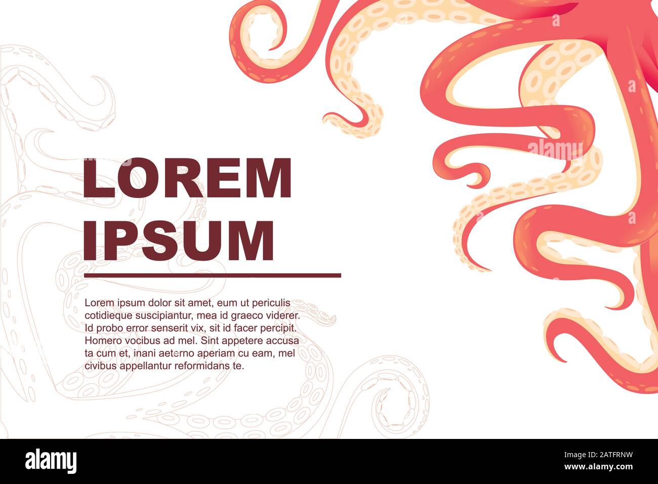 Grußkarte für Flyer-Design mit roten Kraken Tentakeln horizontale flache Vektorgrafiken flache Vektorgrafiken auf weißem Hintergrund Stock Vektor