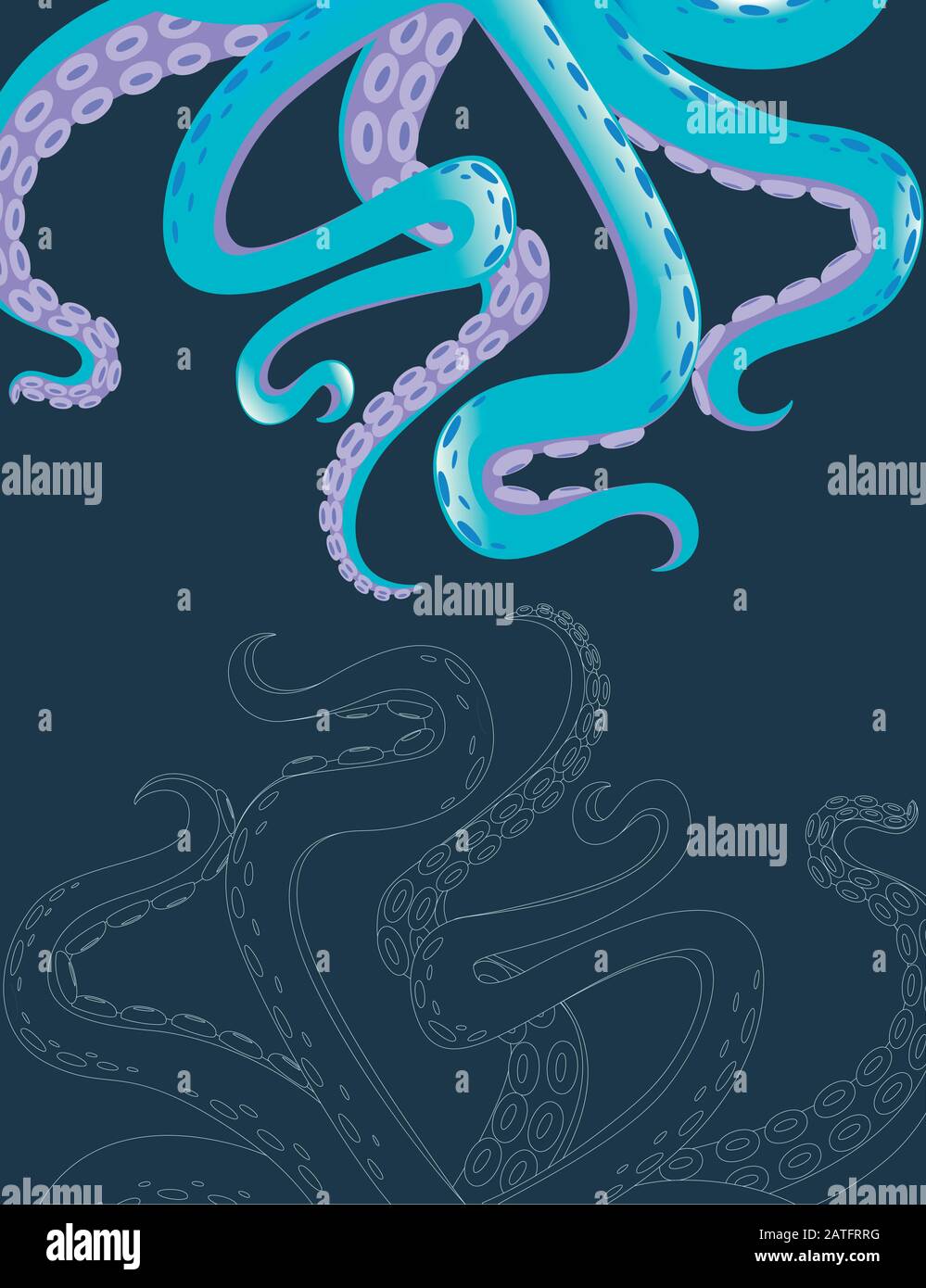 Grußkarte für Flyer-Design mit türkisfarbenen Kraken Tentakeln vertikale flache Vektorgrafiken flache Vektorgrafiken auf dunklem Hintergrund Stock Vektor