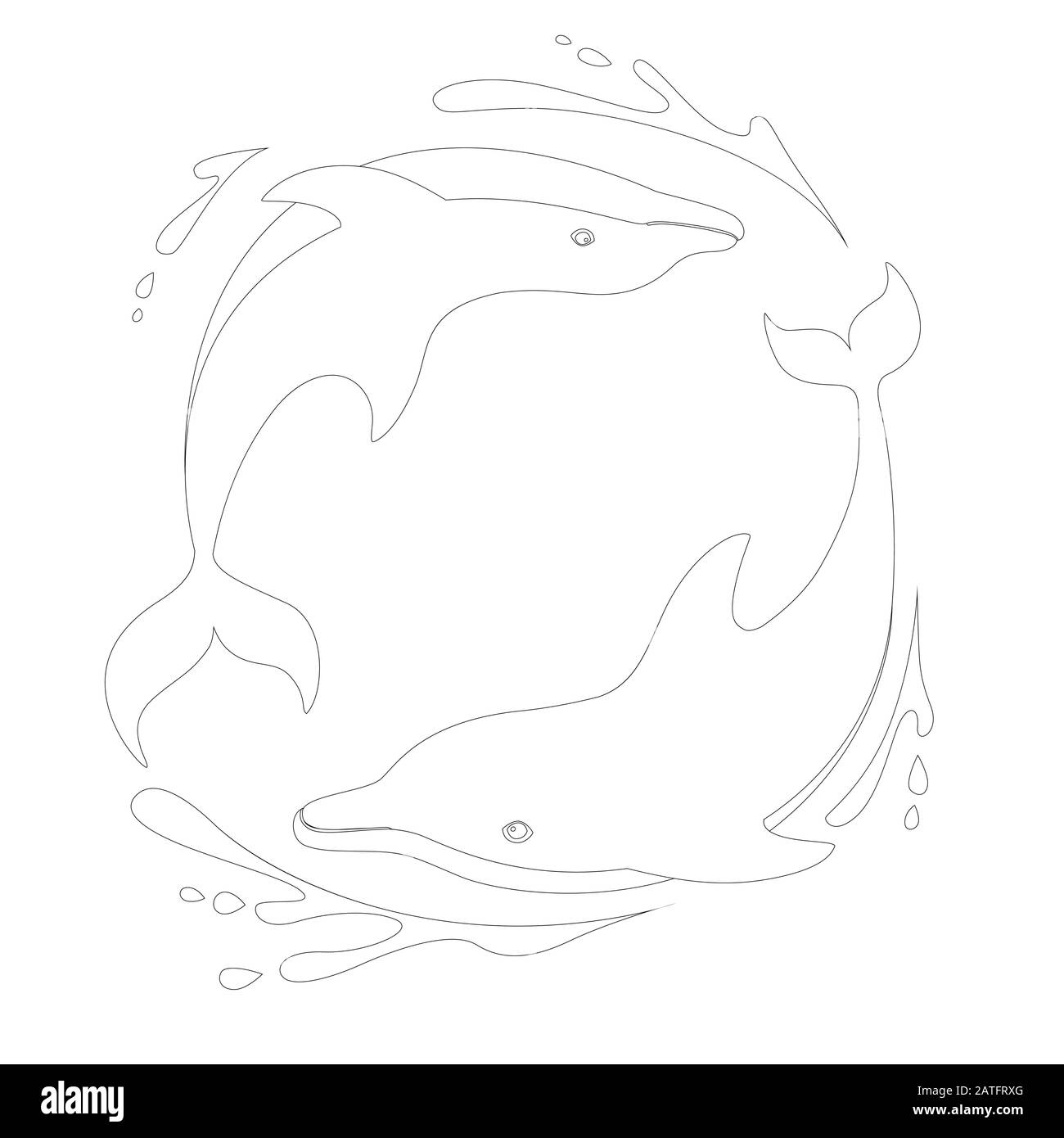 Outline-Stil zwei Delfine, die im Konzept des Wasserlogos spielen Cartoon Tier flache Vektorgrafiken auf weißem Hintergrund Stock Vektor