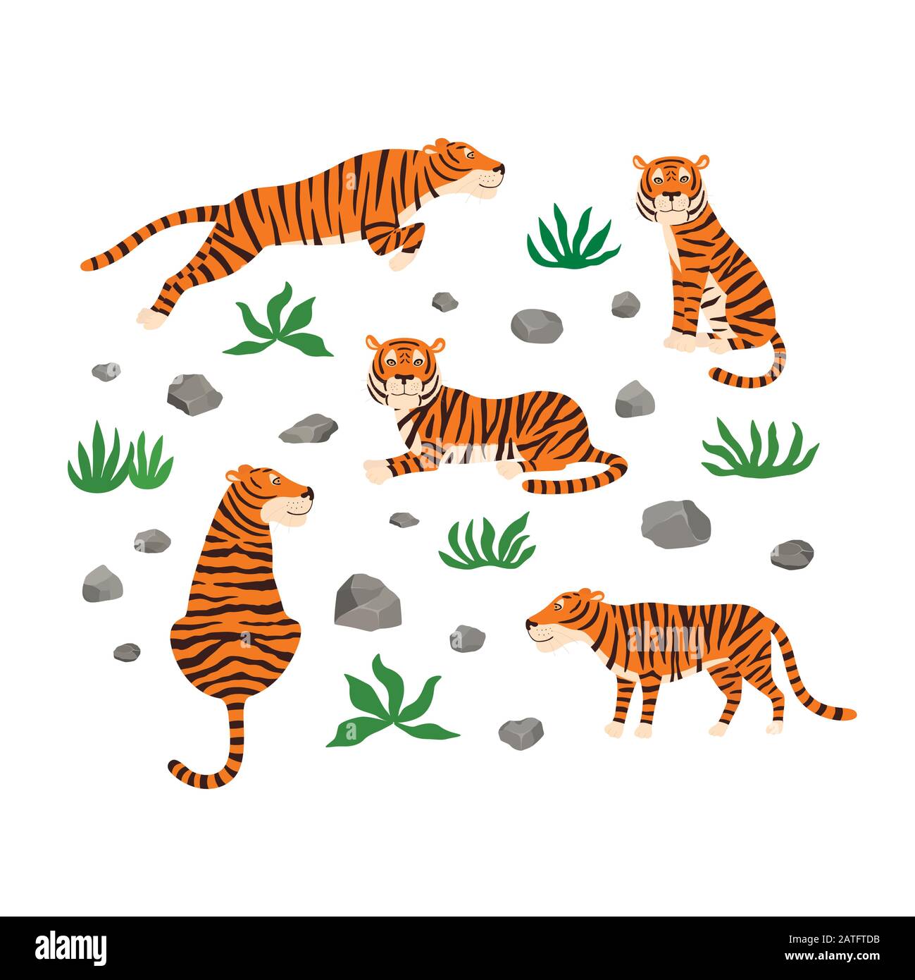 Satz Tiger, Blätter und Steine. Vektorgrafiken. Stock Vektor