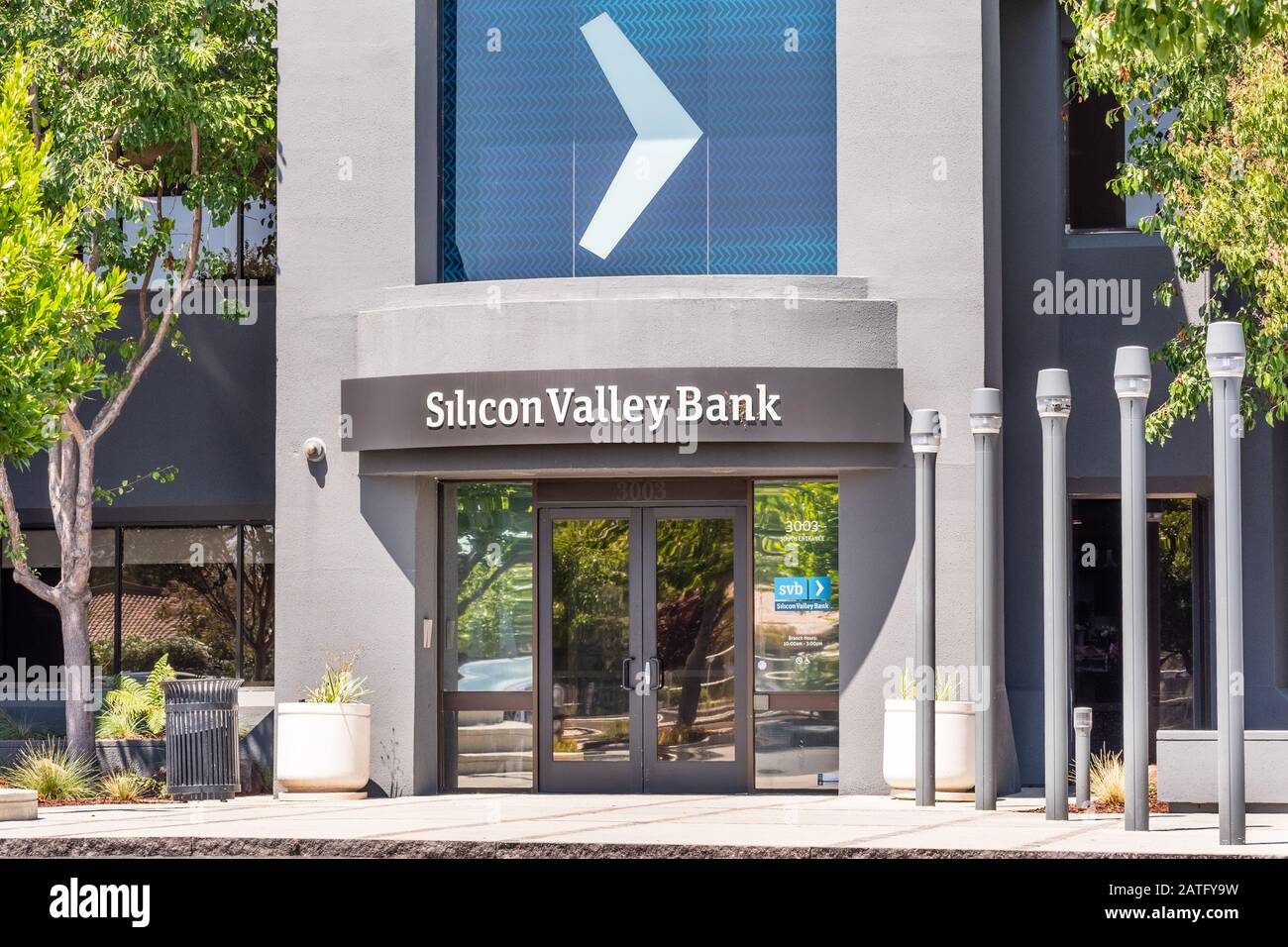 August 2019 Santa Clara/CA/USA - Sitz und Filiale der Silicon Valley Bank; Silicon Valley Bank, eine Tochtergesellschaft der SVB Financial Group, ist eine US- Stockfoto