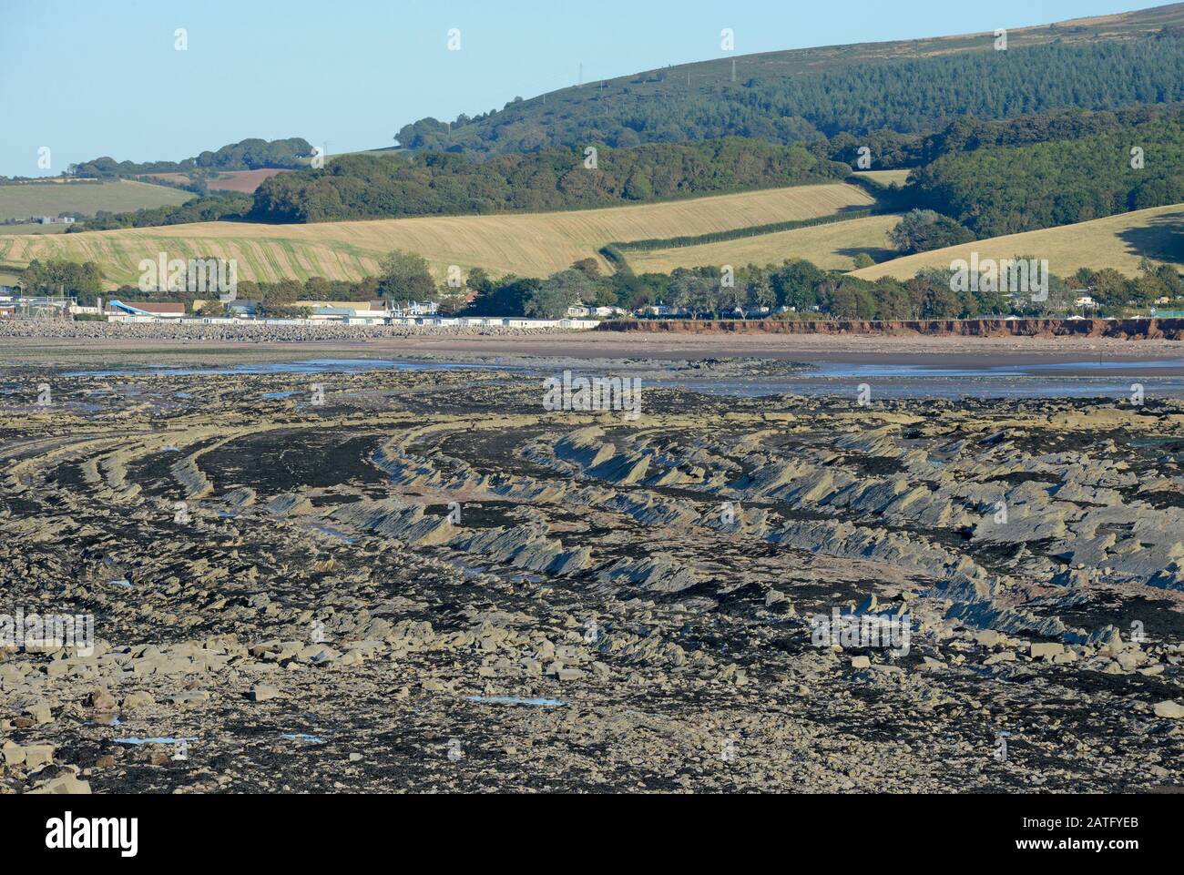 Blick auf die Sandsteinfelsen bei Watchet, Somerset, Großbritannien, mit Blick auf Donniford Stockfoto