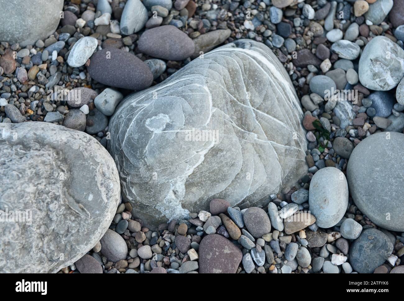 Verschiedene Arten von Kieselsteinen am Strand in Watchet, Somerset, Großbritannien Stockfoto