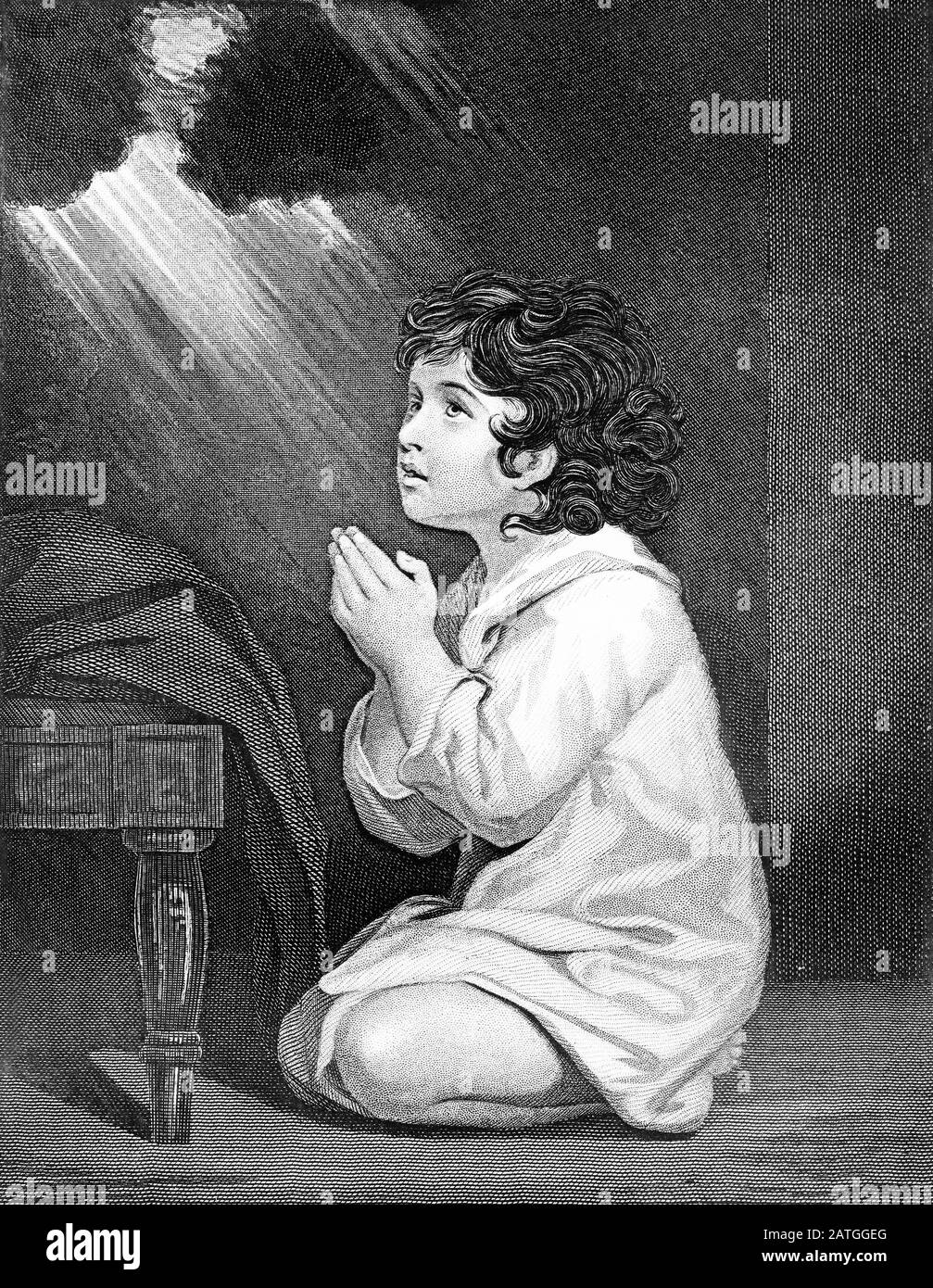 Gravur des Propheten Samuel des Säuglings beim Beten. Aus einer Ausgabe von Joseph, gedruckt im 19. Jahrhundert. Stockfoto