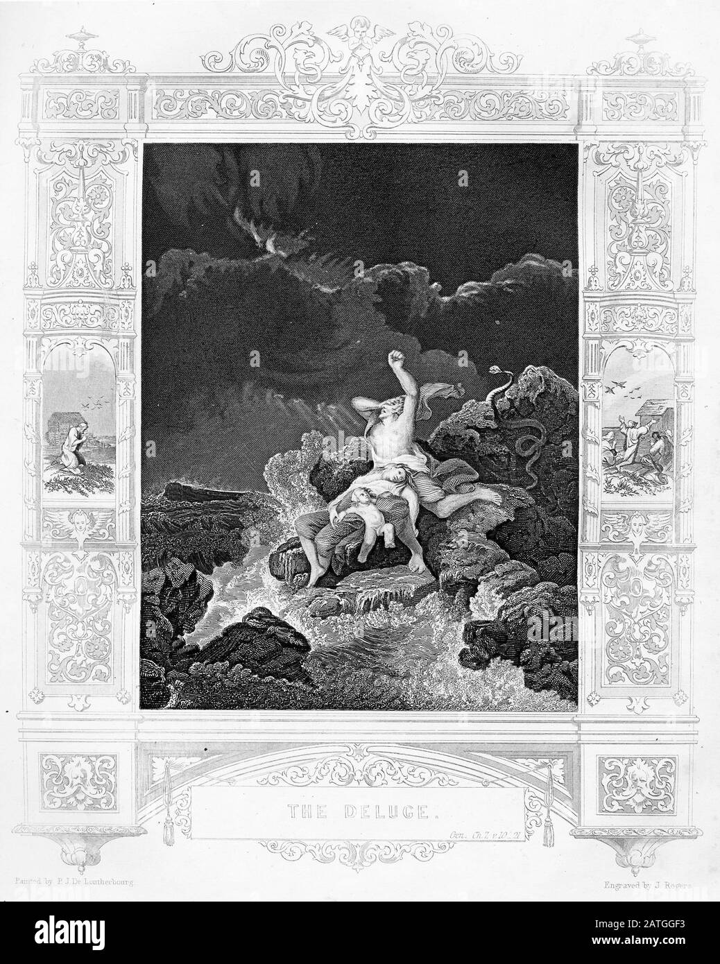 Gravur von Menschen, die in der Sintflut sterben, während Noah in der Arche gerettet wird. Aus einer Ausgabe von Joseph, gedruckt im 19. Jahrhundert. Stockfoto