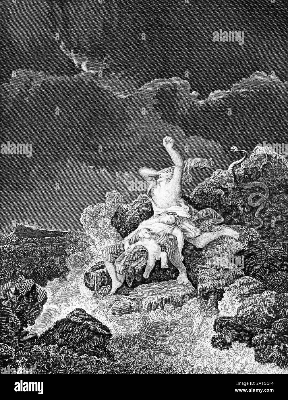 Gravur von Menschen, die in der Sintflut sterben, während Noah in der Arche gerettet wird. Aus einer Ausgabe von Joseph, gedruckt im 19. Jahrhundert. Stockfoto