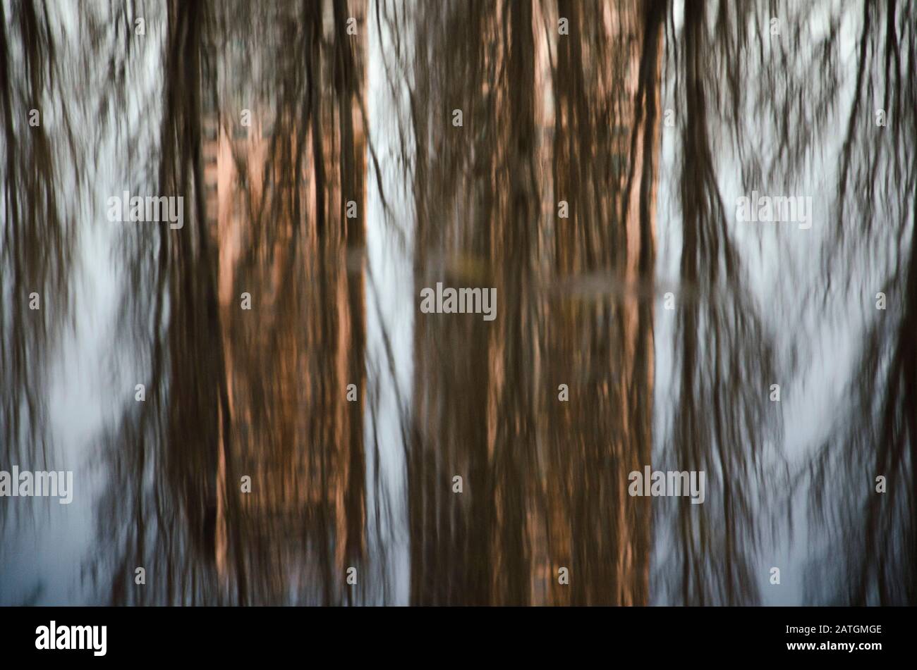 Urbane Reflexion: Gebäude und Bäume spiegelten sich in einer Pfütze von bewegtem Wasser wider Stockfoto